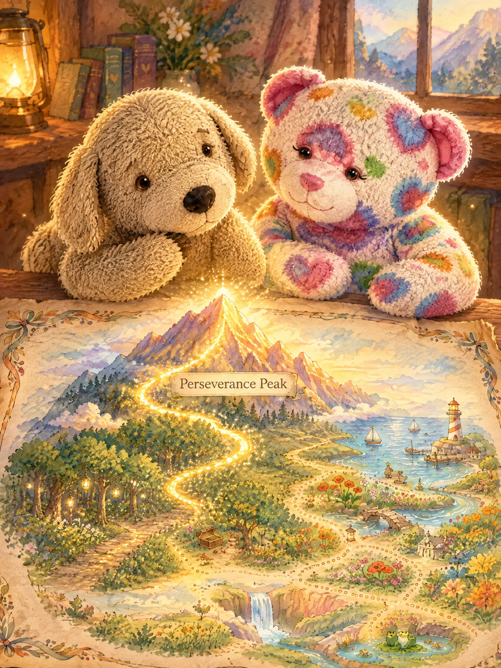 Teddy and Muddy Paws watch Perseverance Peak appear in golden light on the Heart Map.