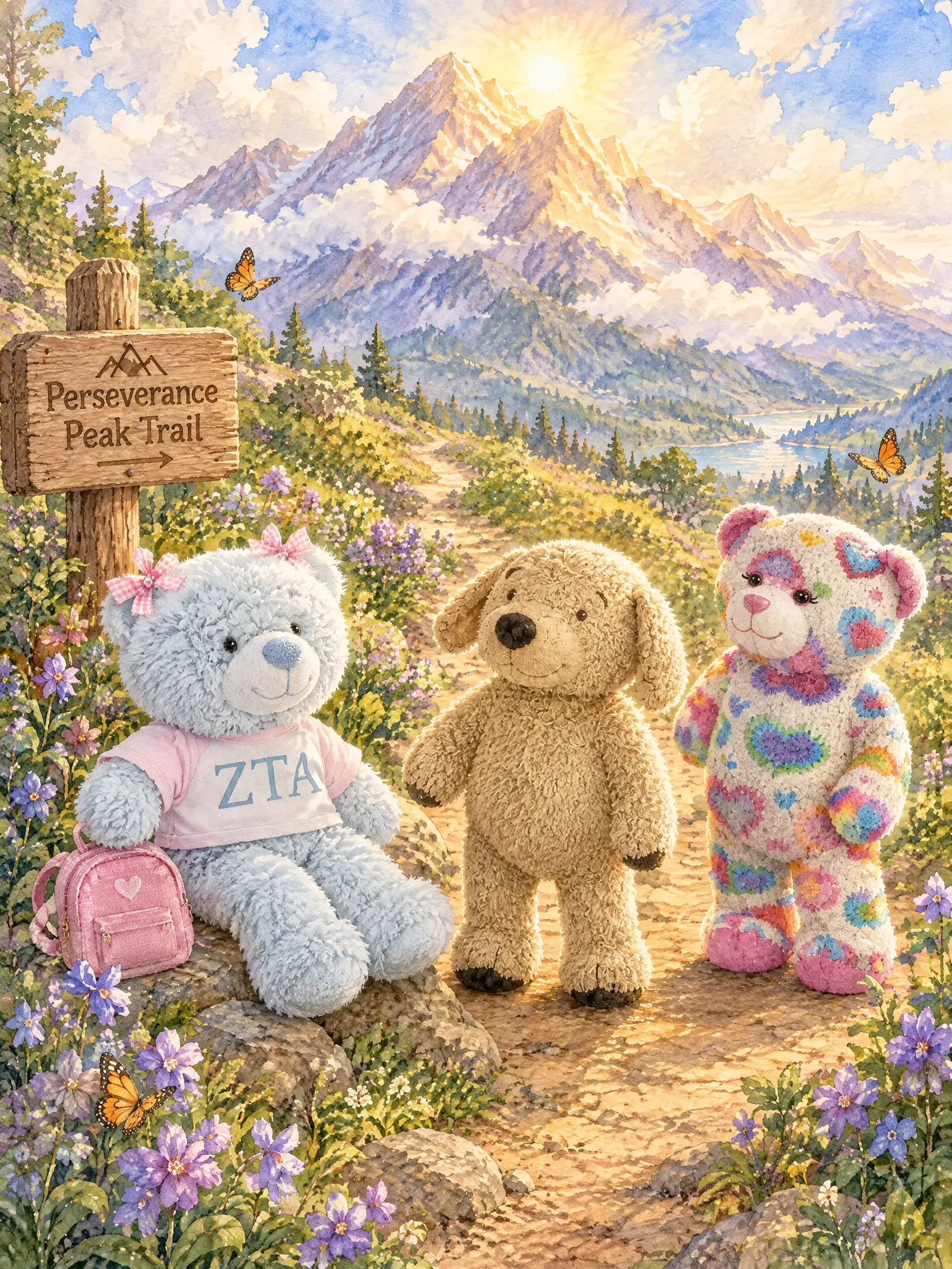Teddy and Muddy Paws meet Strawberry, a soft blue teddy bear with pink gingham bows, beside the mountain trail sign.