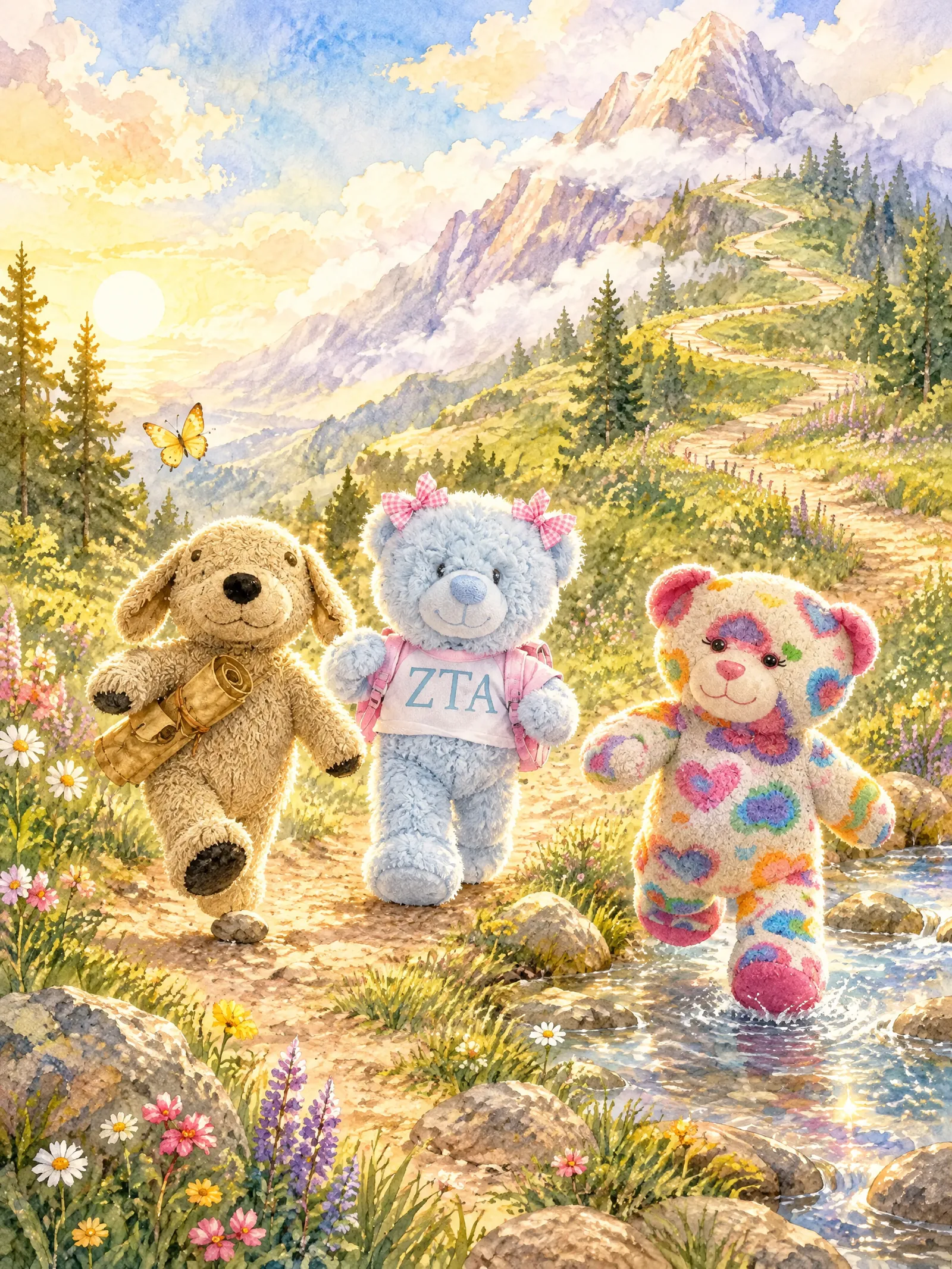 Teddy, Muddy Paws, and Strawberry enjoy the easy beginning of the climb through a sunny flower meadow.