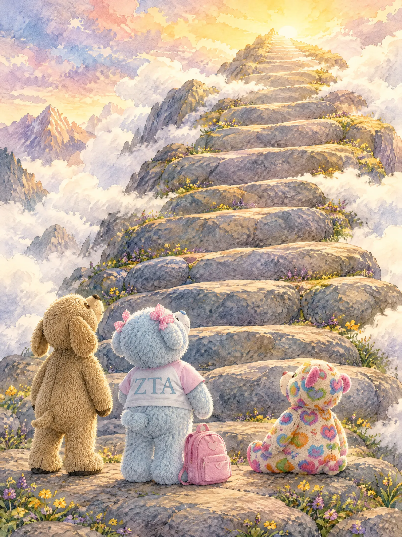 The three friends look up at enormous rounded stone steps climbing into the clouds.