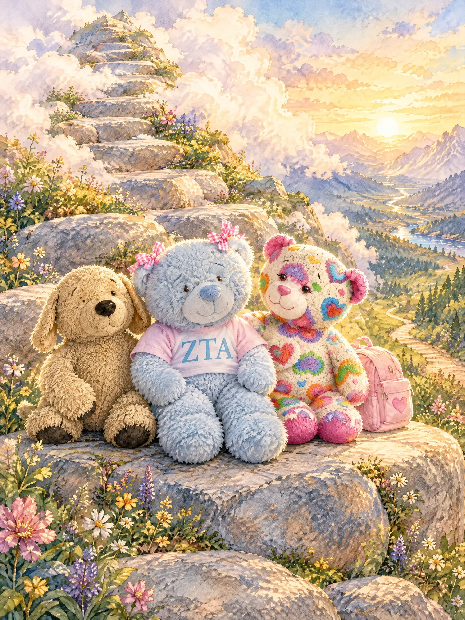 A tired Teddy sits on a giant mountain step while Strawberry and Muddy Paws stay close beside him.