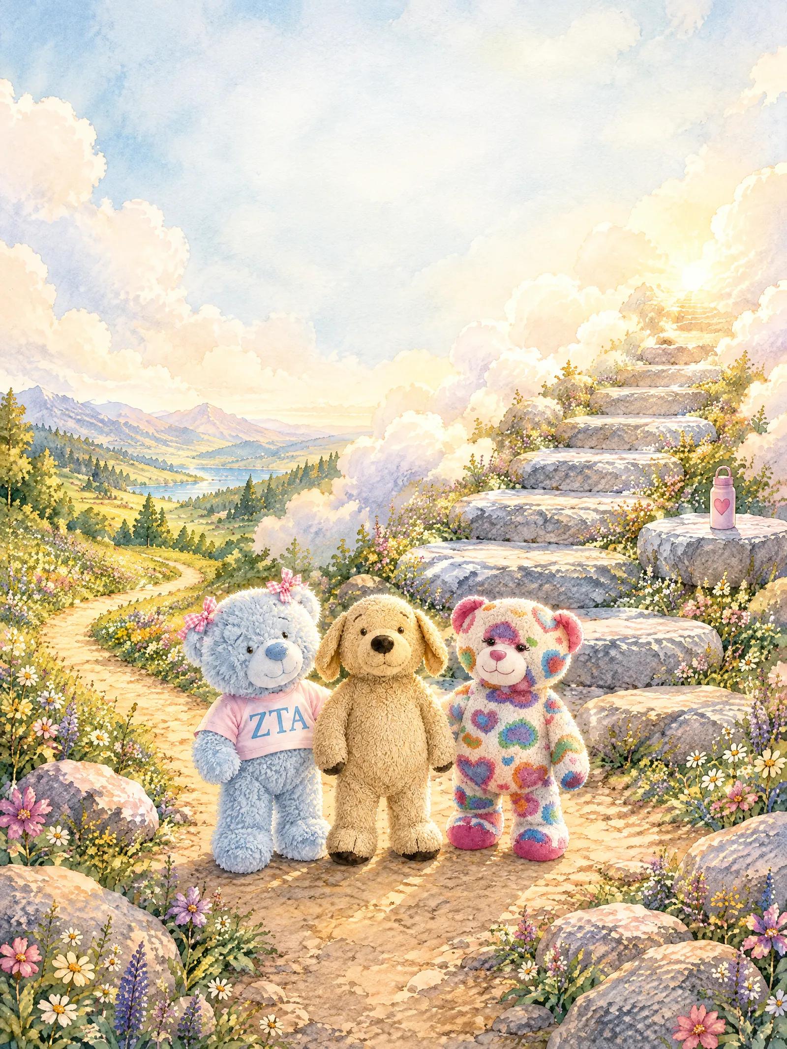 Teddy pauses between the easier downhill trail and the next steep stone step as the child considers what he should do.