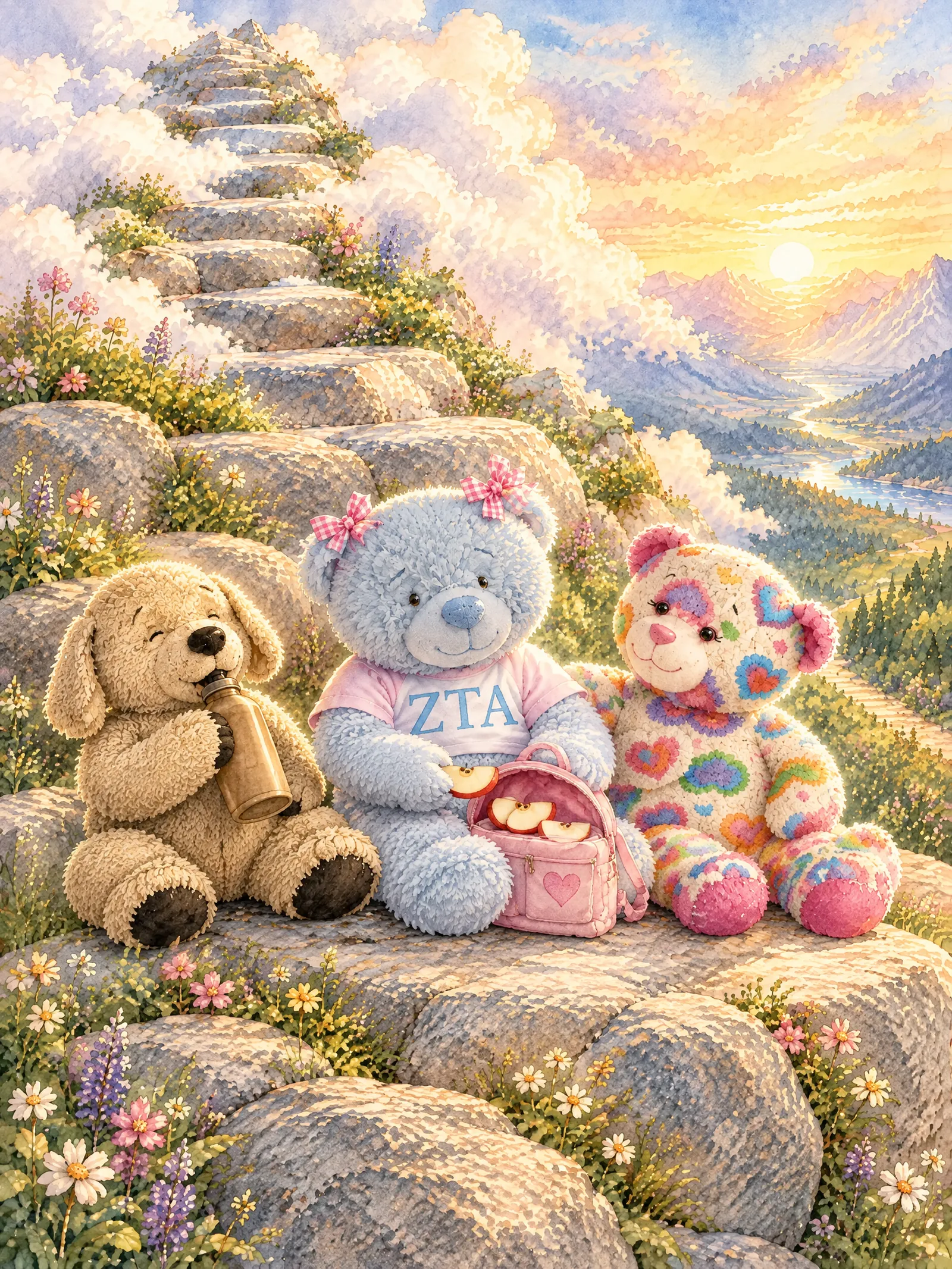 Teddy, Muddy Paws, and Strawberry rest together on the mountain and share apple slices and water.