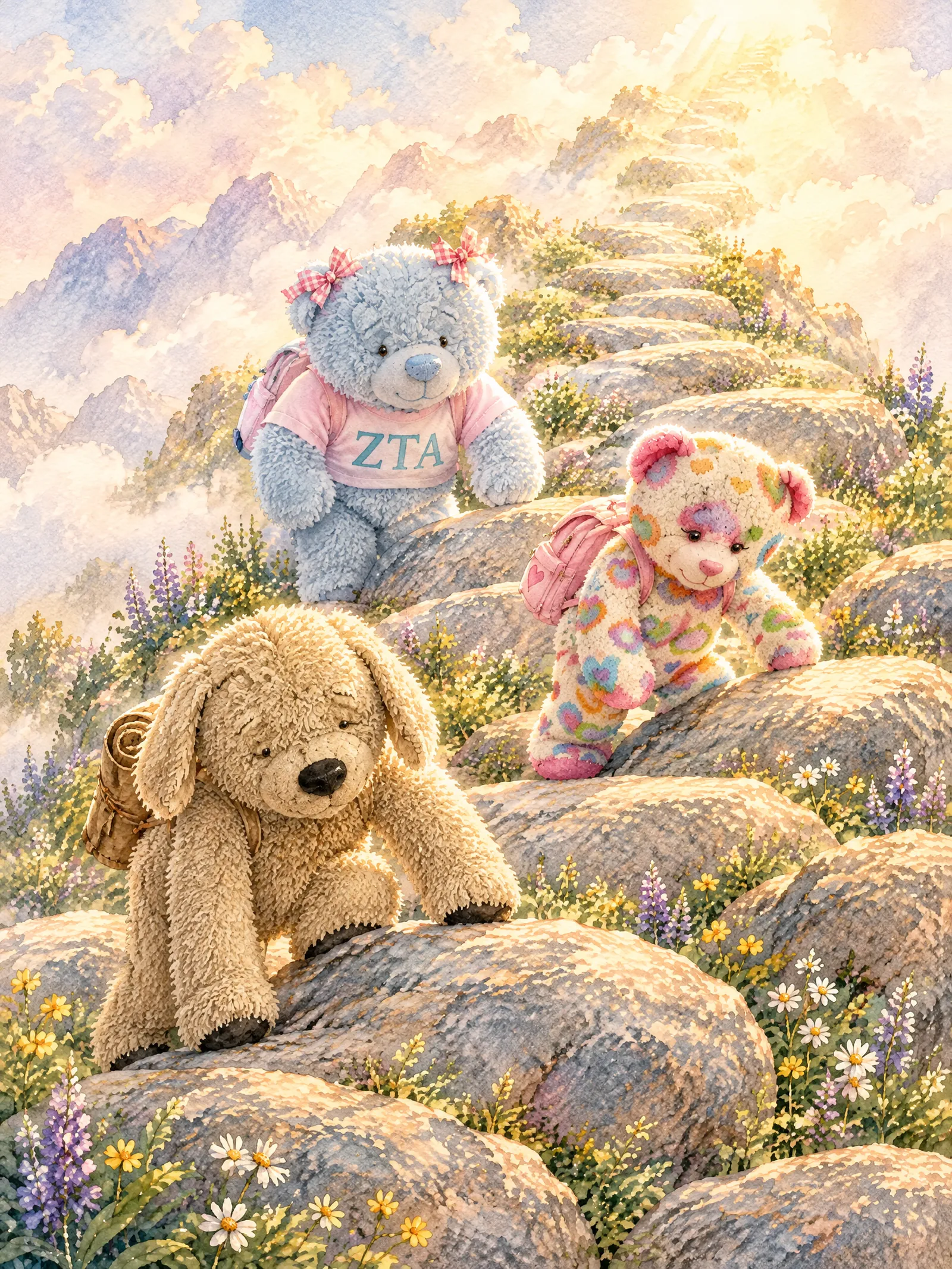 The three friends climb the giant stones together, encouraging one another with one more step.