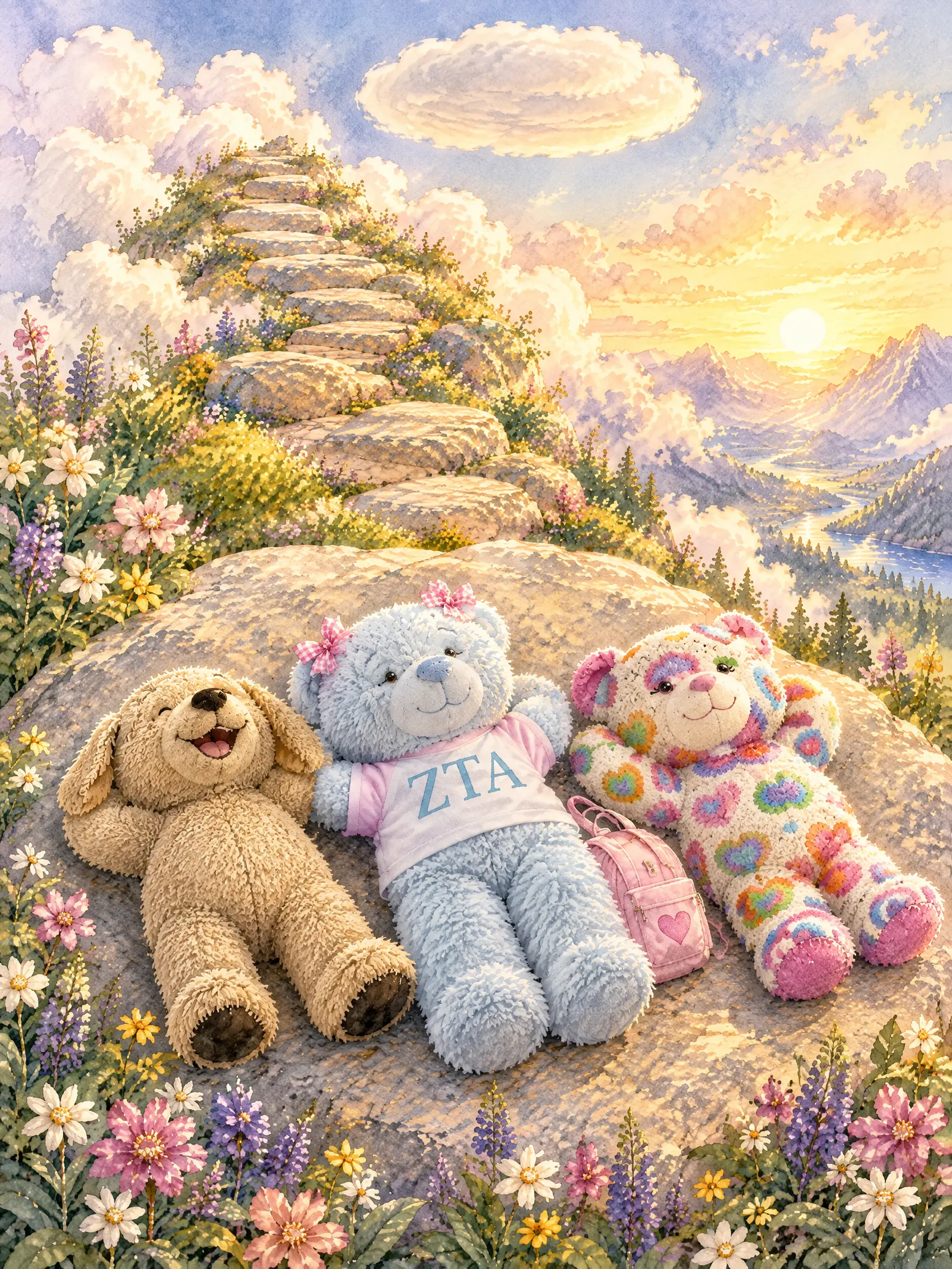 Teddy, Muddy Paws, and Strawberry rest on their backs beneath soft mountain clouds.