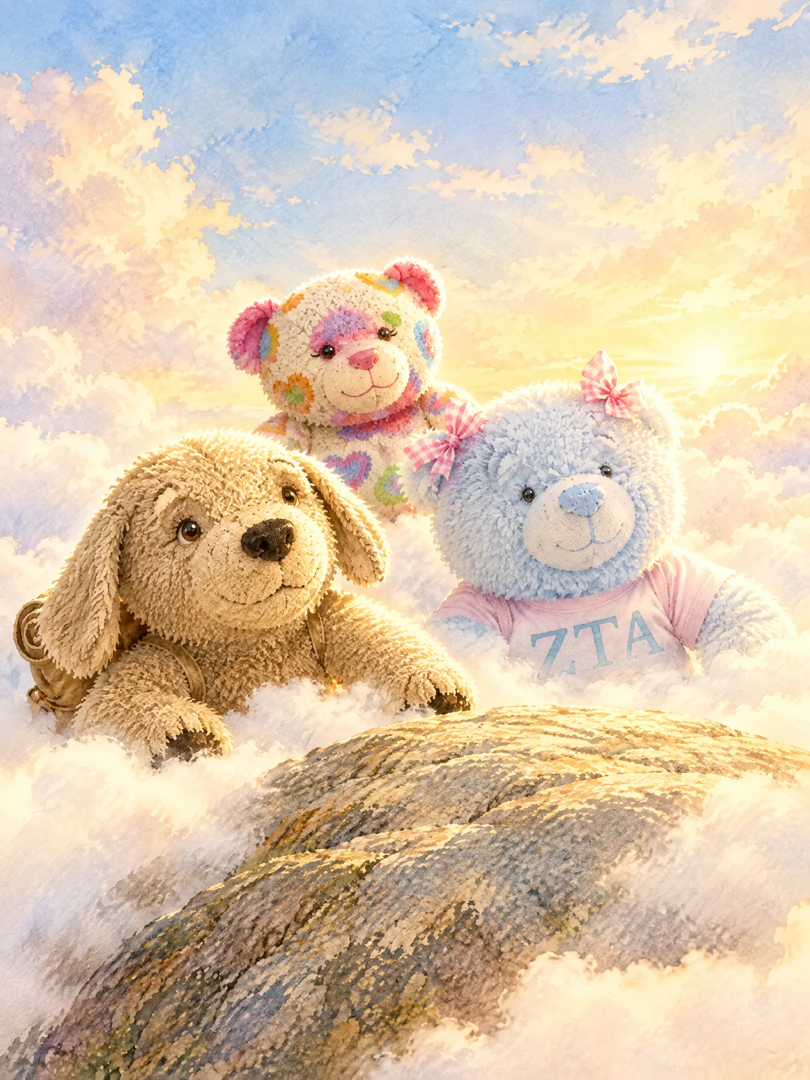 Teddy breaks through the clouds into warm golden light at the top of the climb.