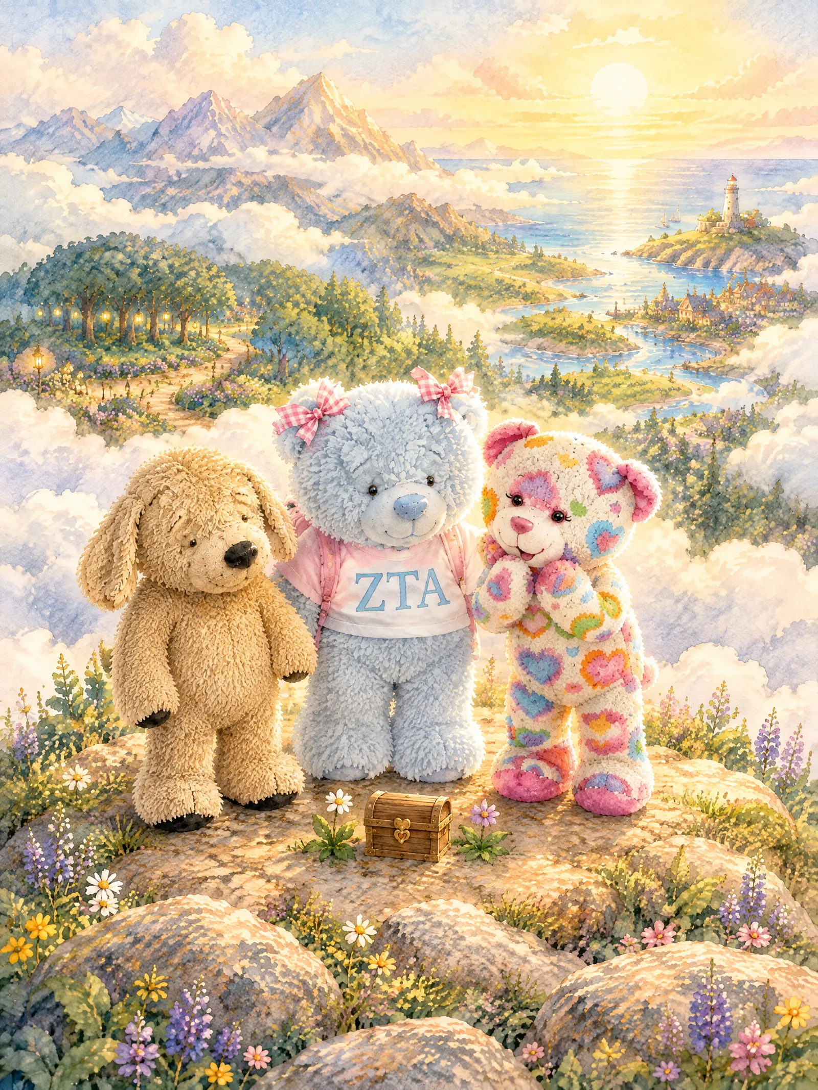 Teddy, Muddy Paws, and Strawberry celebrate together on the sunny summit of Perseverance Peak.
