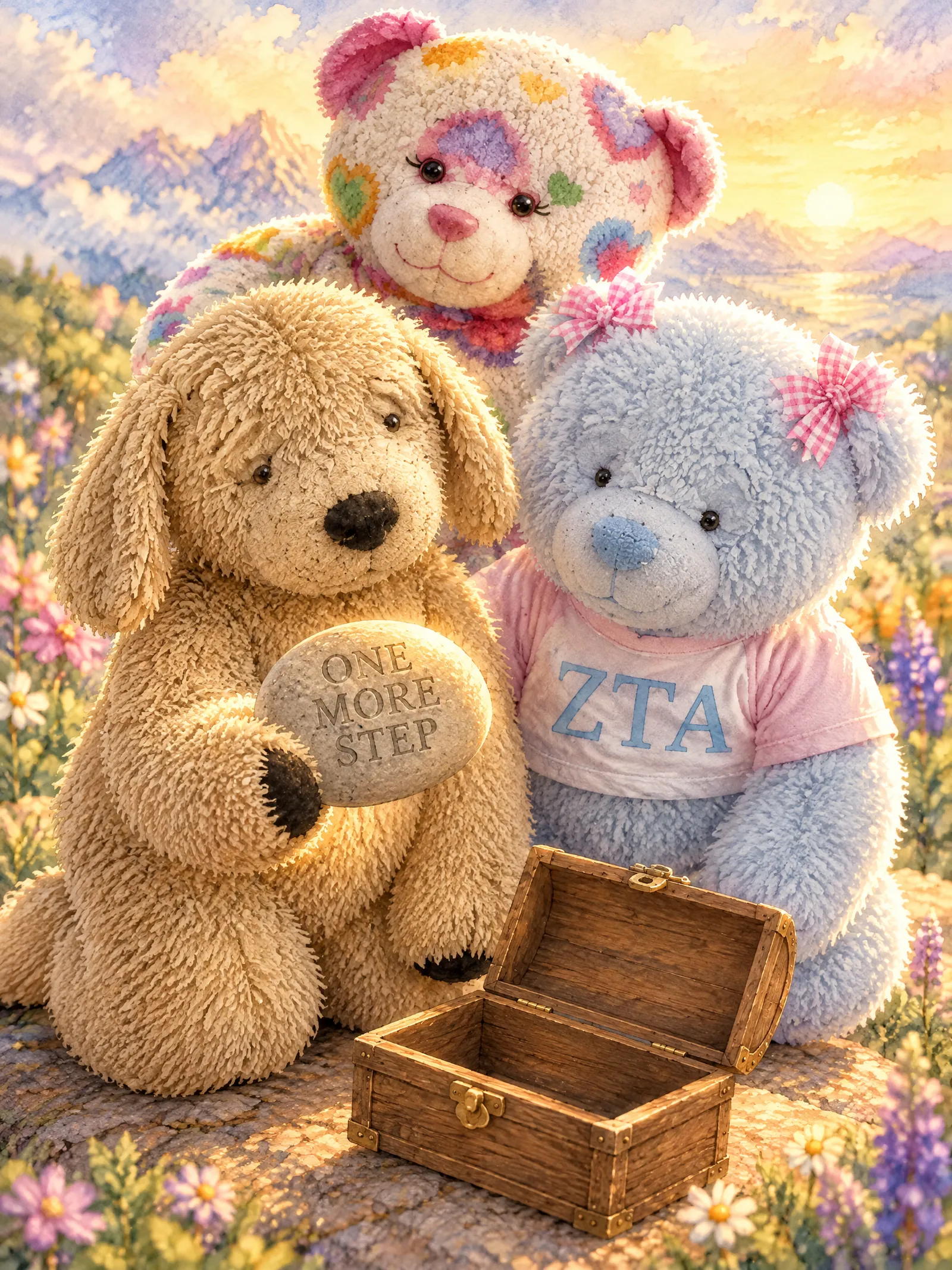 Teddy holds the smooth mountain treasure stone carved with the words One More Step.