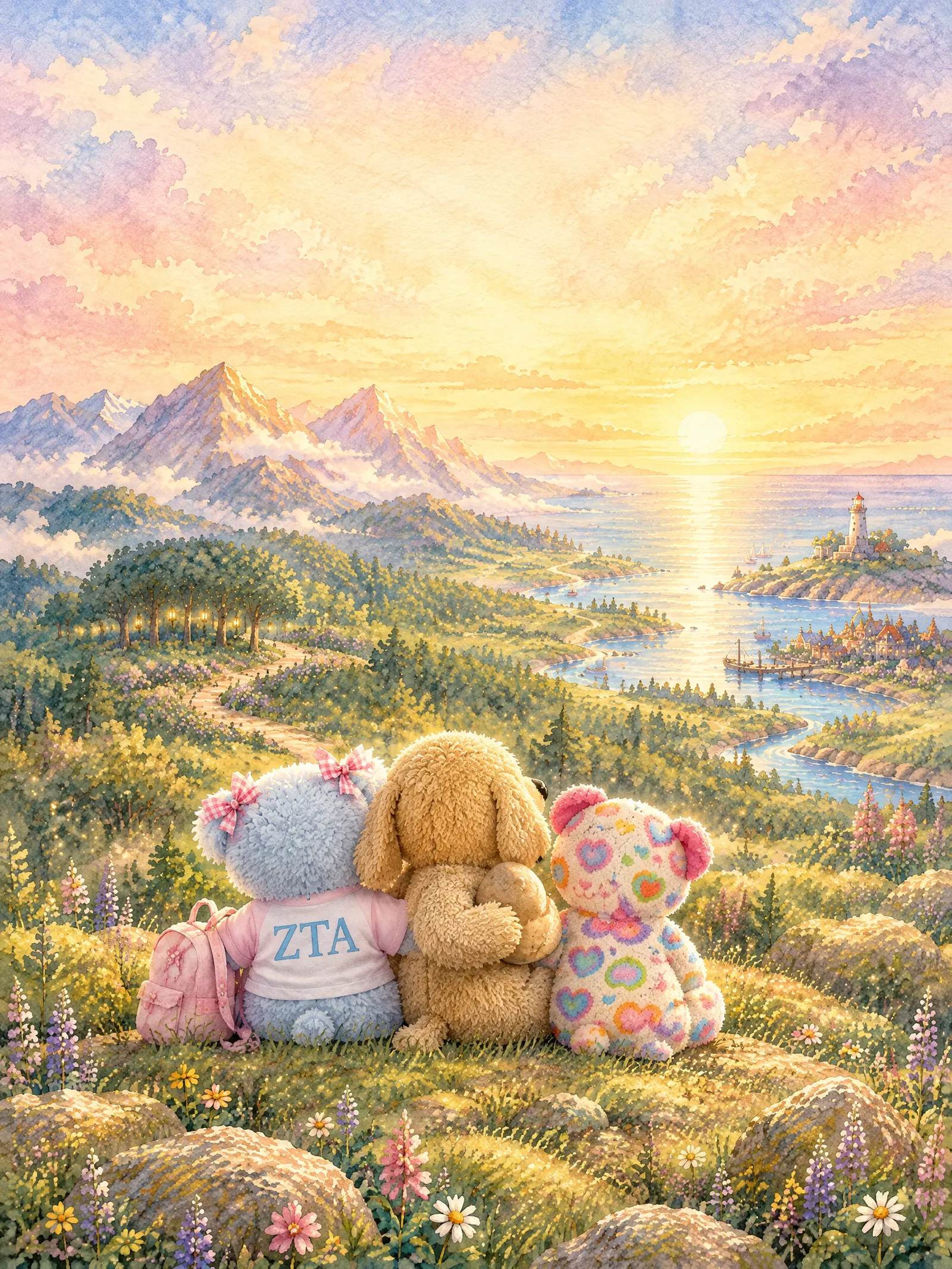 Teddy, Muddy Paws, and Strawberry stand close together on the peak, carrying the truth that they can keep going when things get hard.