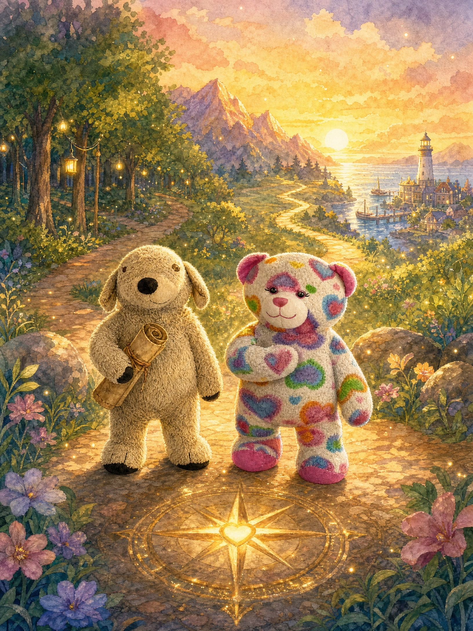 Teddy and Muddy Paws standing together on the Heart Map's compass star, ready to begin their adventure.