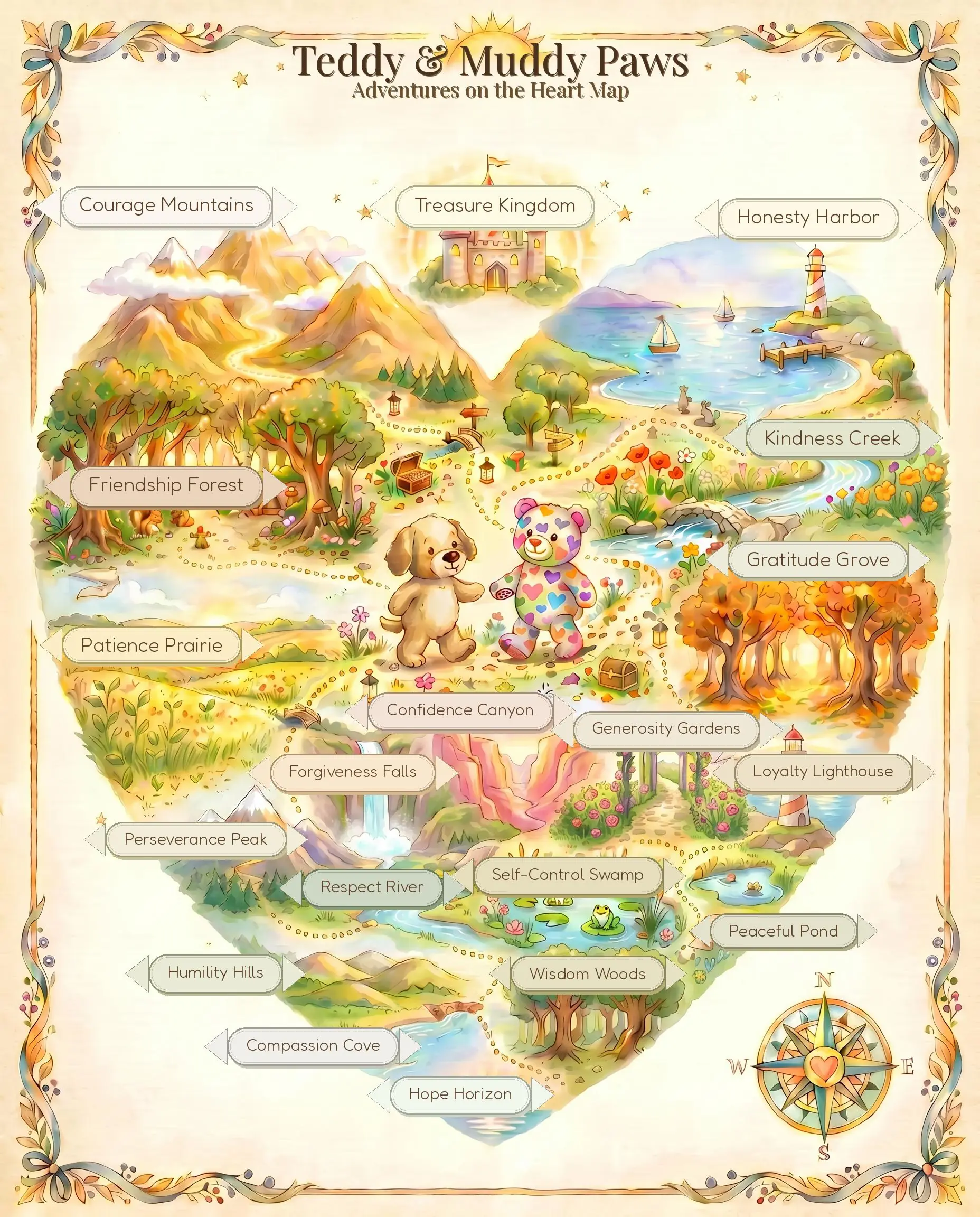 The illustrated Heart Map of Teddy & Muddy Paws: a heart-shaped land of Courage Mountains, Friendship Forest, Honesty Harbor, Kindness Creek and many more places waiting to be discovered.