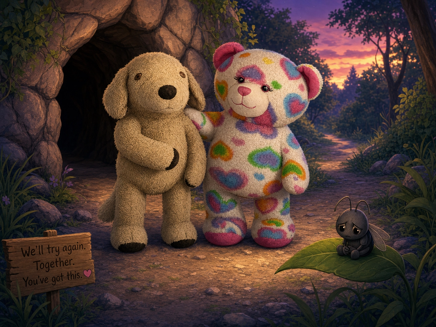 Teddy and Muddy Paws return to Flicker the firefly outside the cave, ready to try again together.