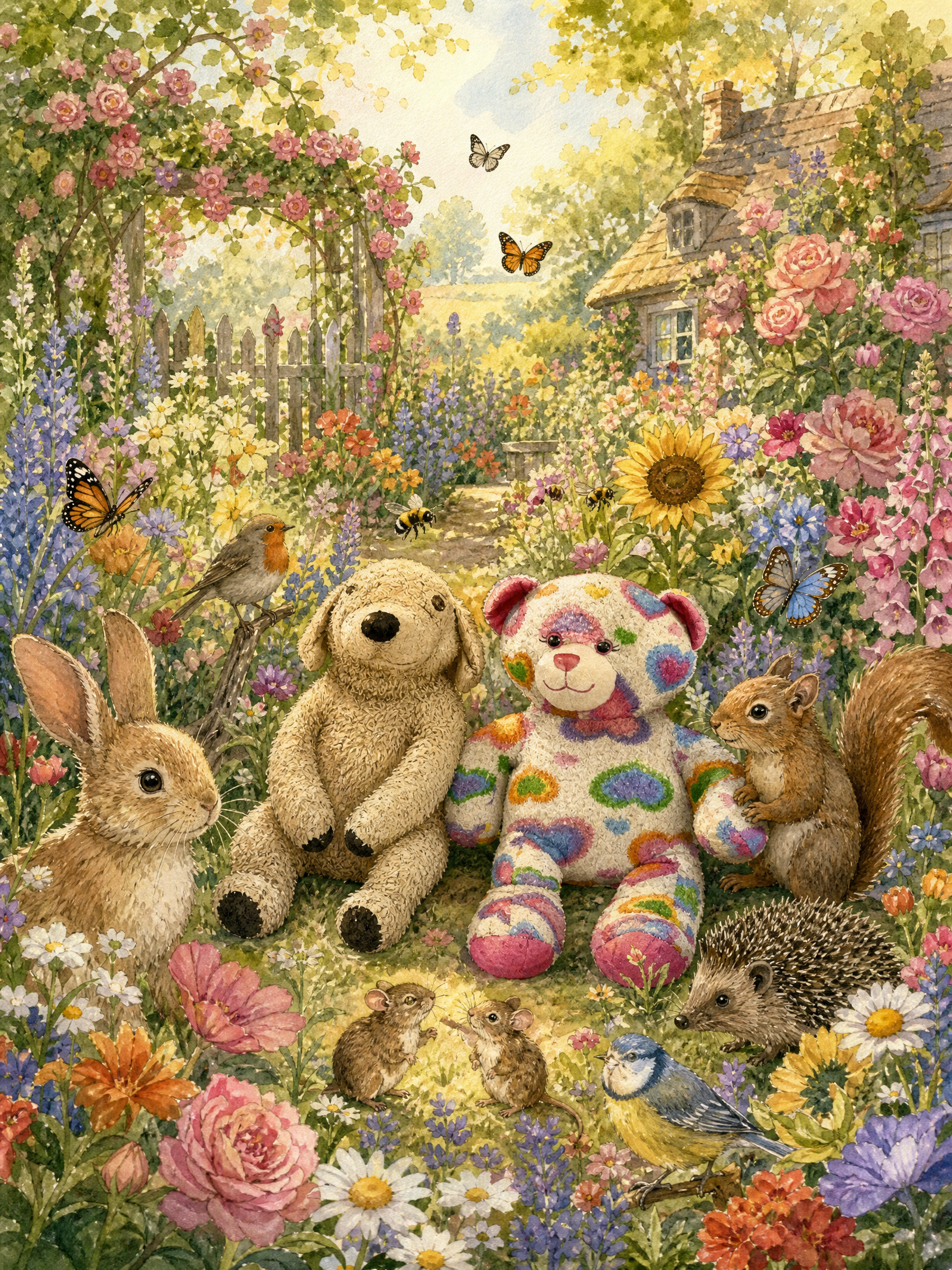 Teddy and Muddy Paws sit in a garden overflowing with roses, sunflowers, and daisies, surrounded by a rabbit, a squirrel, a hedgehog, mice, and birds enjoying the blooms.