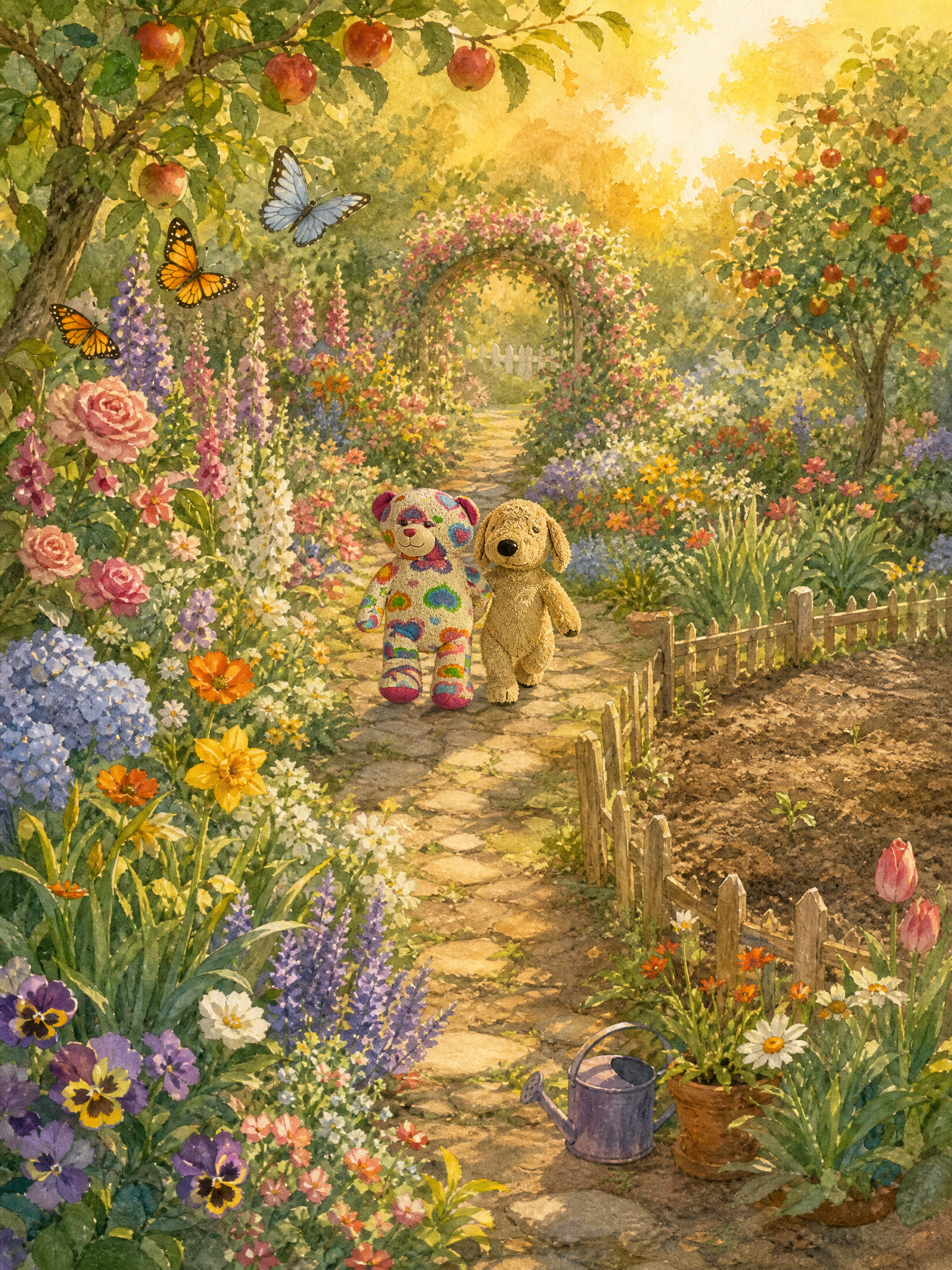 Teddy and Muddy Paws walk a stone path through a cottage garden bursting with roses and hollyhocks, while just past the picket fence a bare patch of brown soil waits with a watering can beside it.