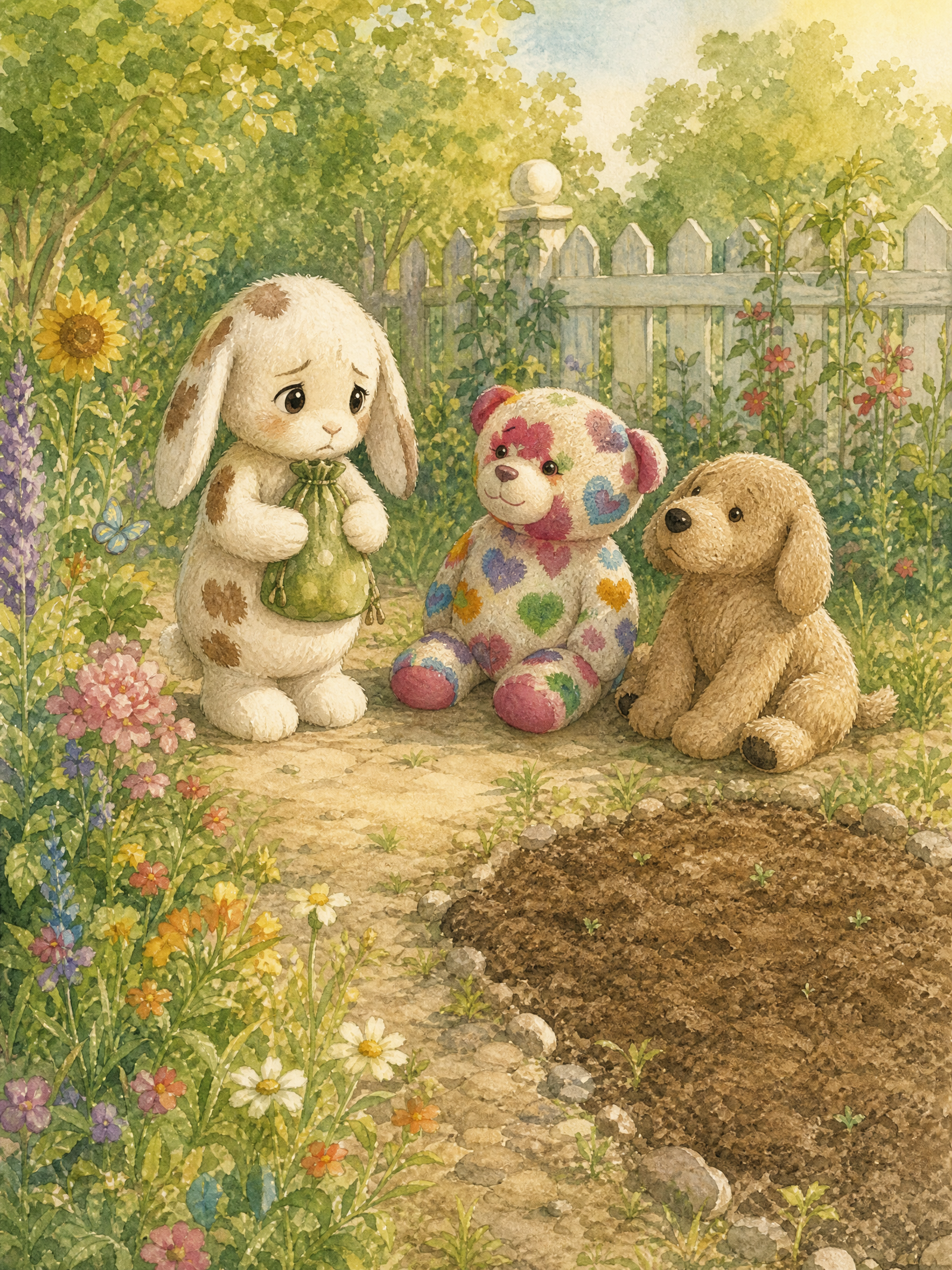 Clover hugs her seed bag tightly and looks down at a wide, empty patch of brown soil, while Teddy and Muddy Paws sit quietly beside her.