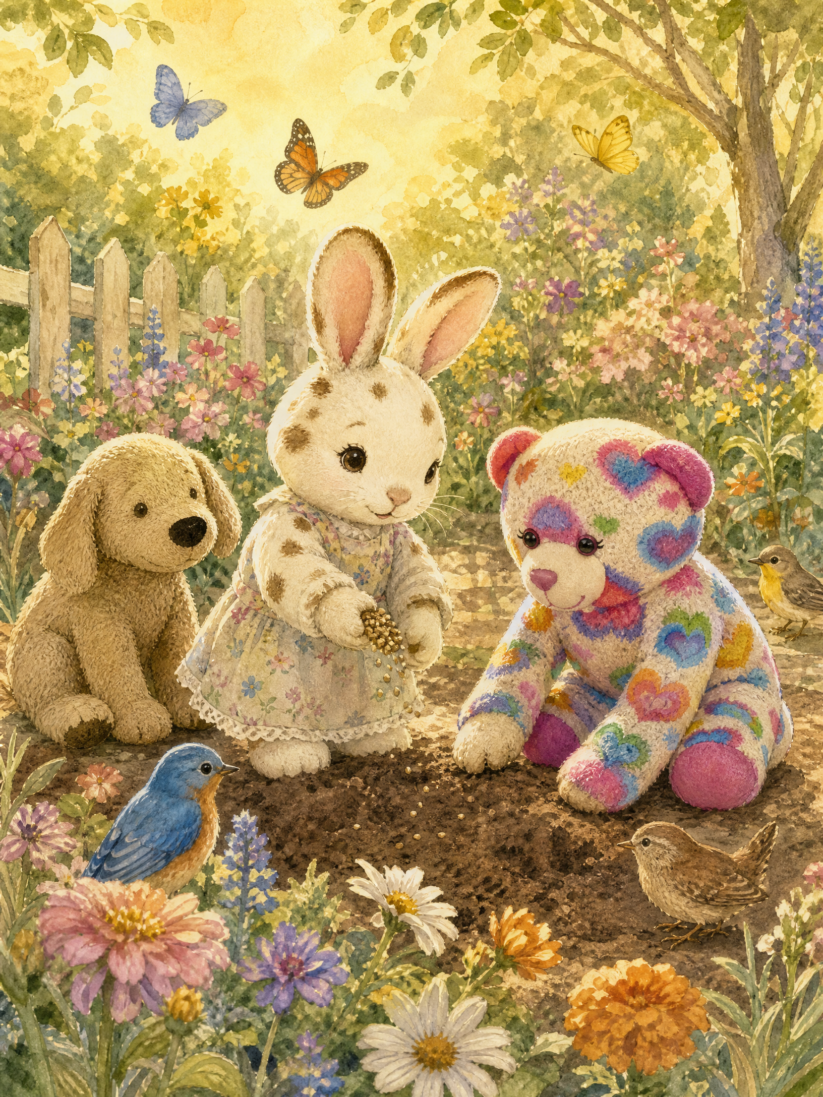 Clover sprinkles a handful of golden seeds into the dark soil of the empty garden while Teddy and Muddy Paws help beside her and songbirds gather to watch.
