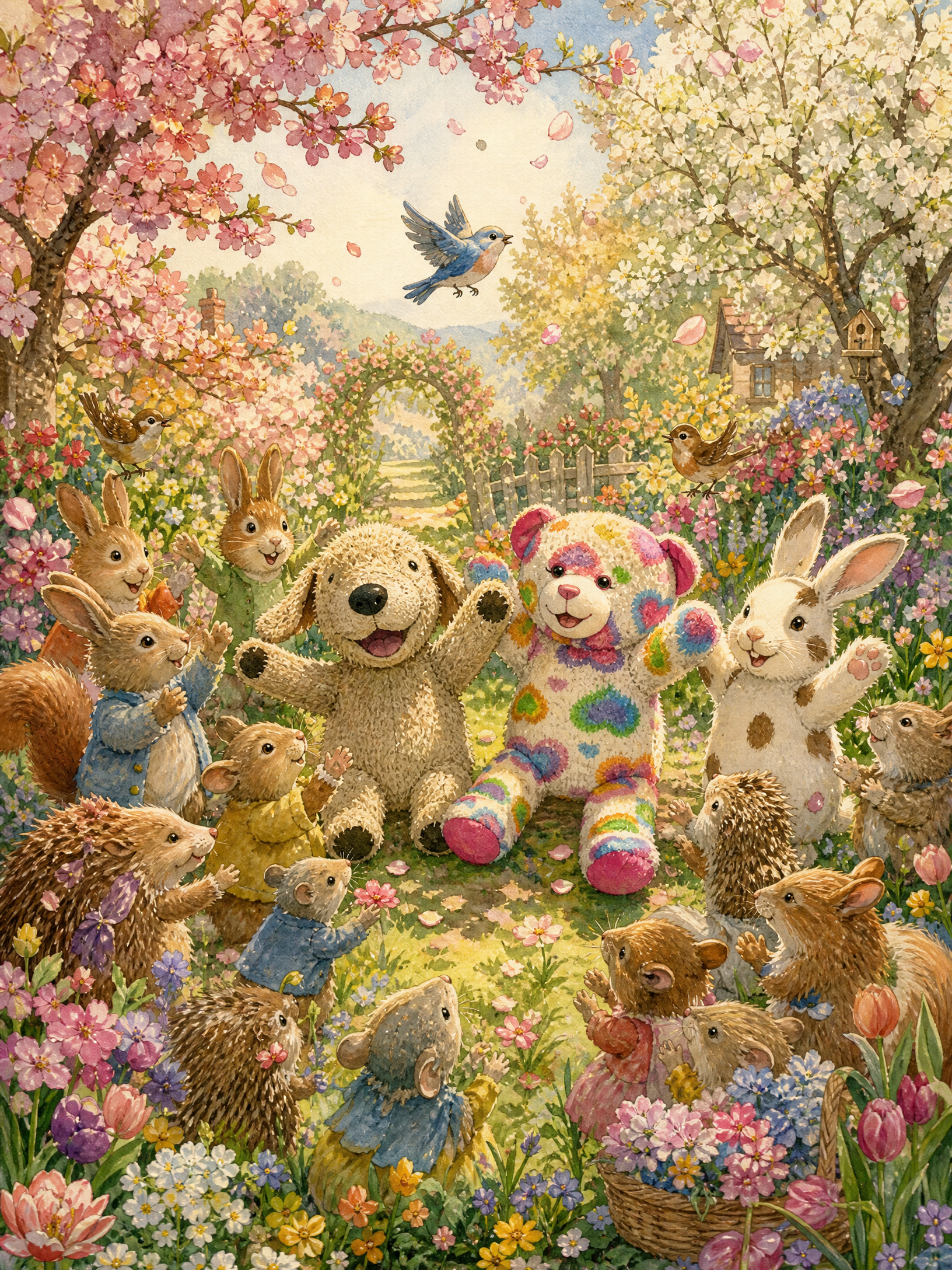 Teddy and Muddy Paws cheer with paws raised in a garden in full blossom, encircled by rabbits, mice, hedgehogs, and squirrels celebrating together under blooming trees.