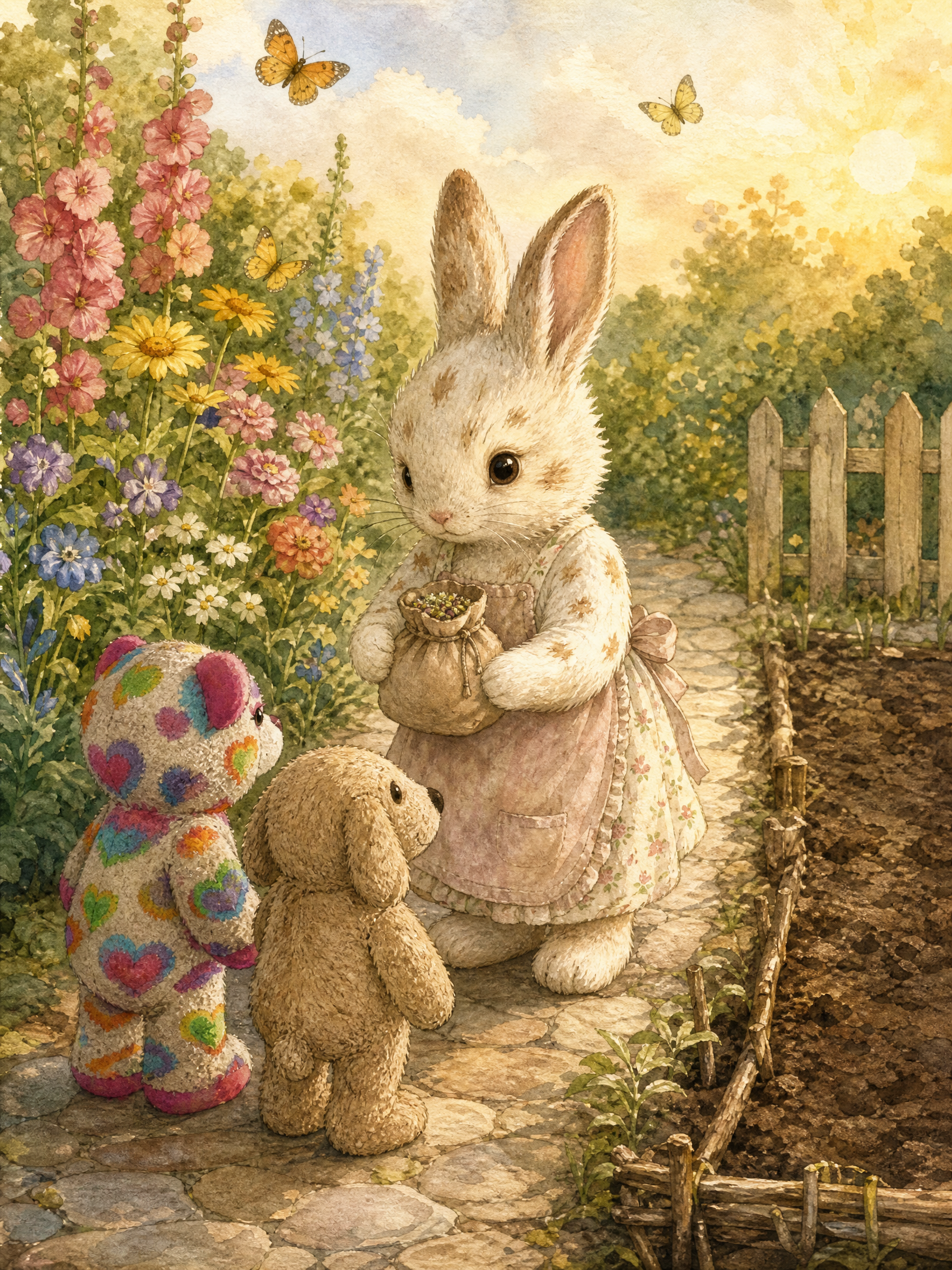 Clover the rabbit, in a flowered apron dress, holds a small bag of seeds close to her chest while Teddy and Muddy Paws look up at her from the garden path.