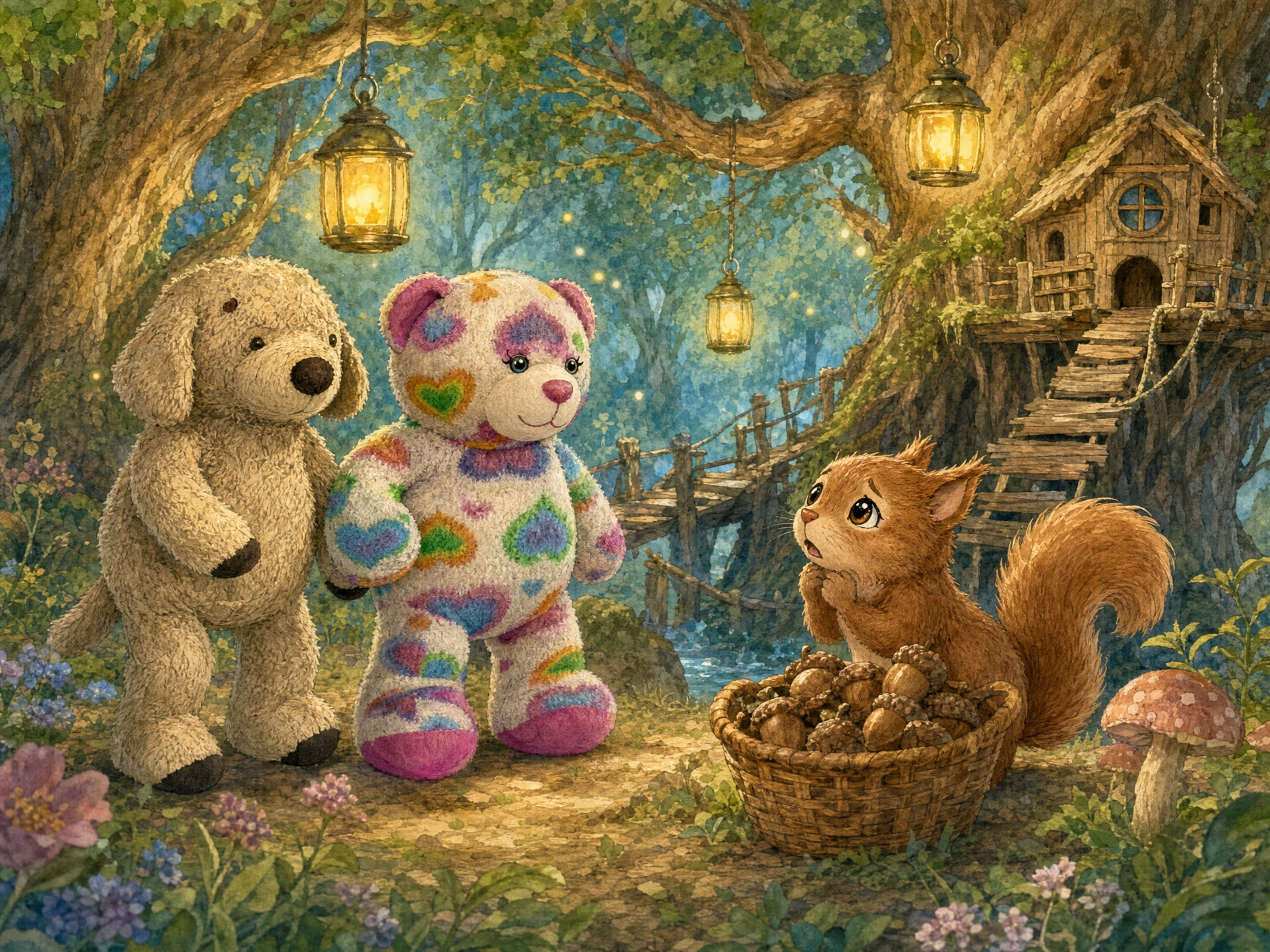 Teddy and Muddy Paws meet Pip the squirrel beside a basket of acorns in the lantern-lit Friendship Forest, where a small bridge to his treehouse has fallen.