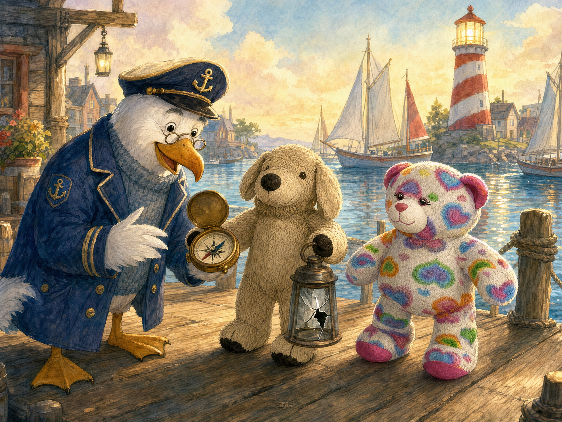Teddy and Muddy Paws hand the compass to Captain Gull and show him the cracked lantern, telling the truth as the ships sail safely in the harbor.