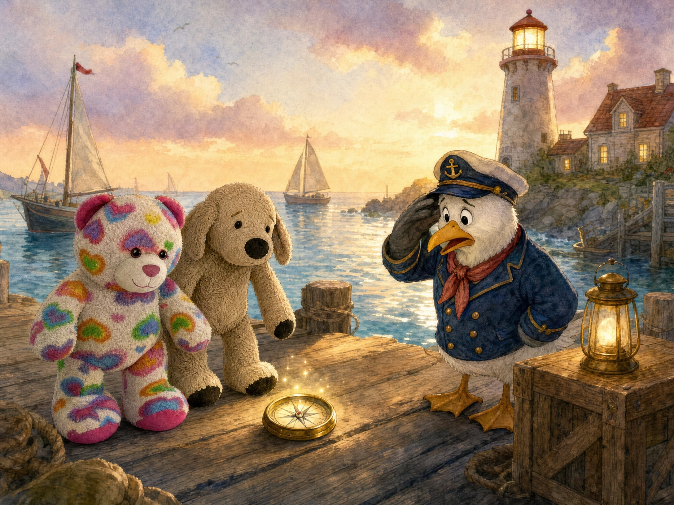 Teddy and Muddy Paws stand on the dock at Honesty Harbor as Captain Gull salutes, the golden Compass of True Direction glowing on the boards beneath a lighthouse at sunset.