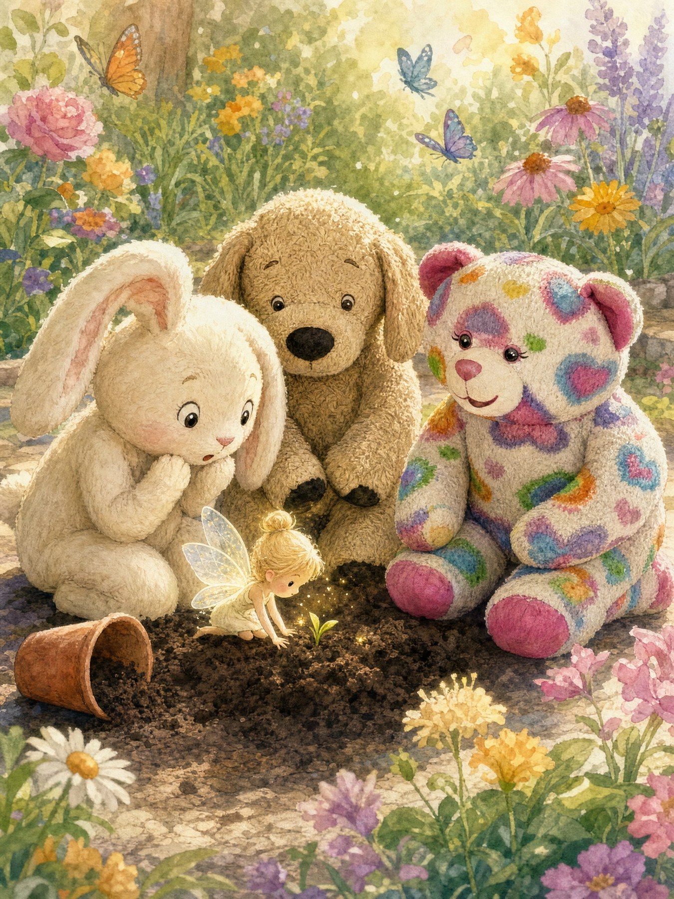 The garden sprite gently brushes the dirt aside to reveal a tiny green sprout that was growing all along, as Daisy and the friends look on in wonder.