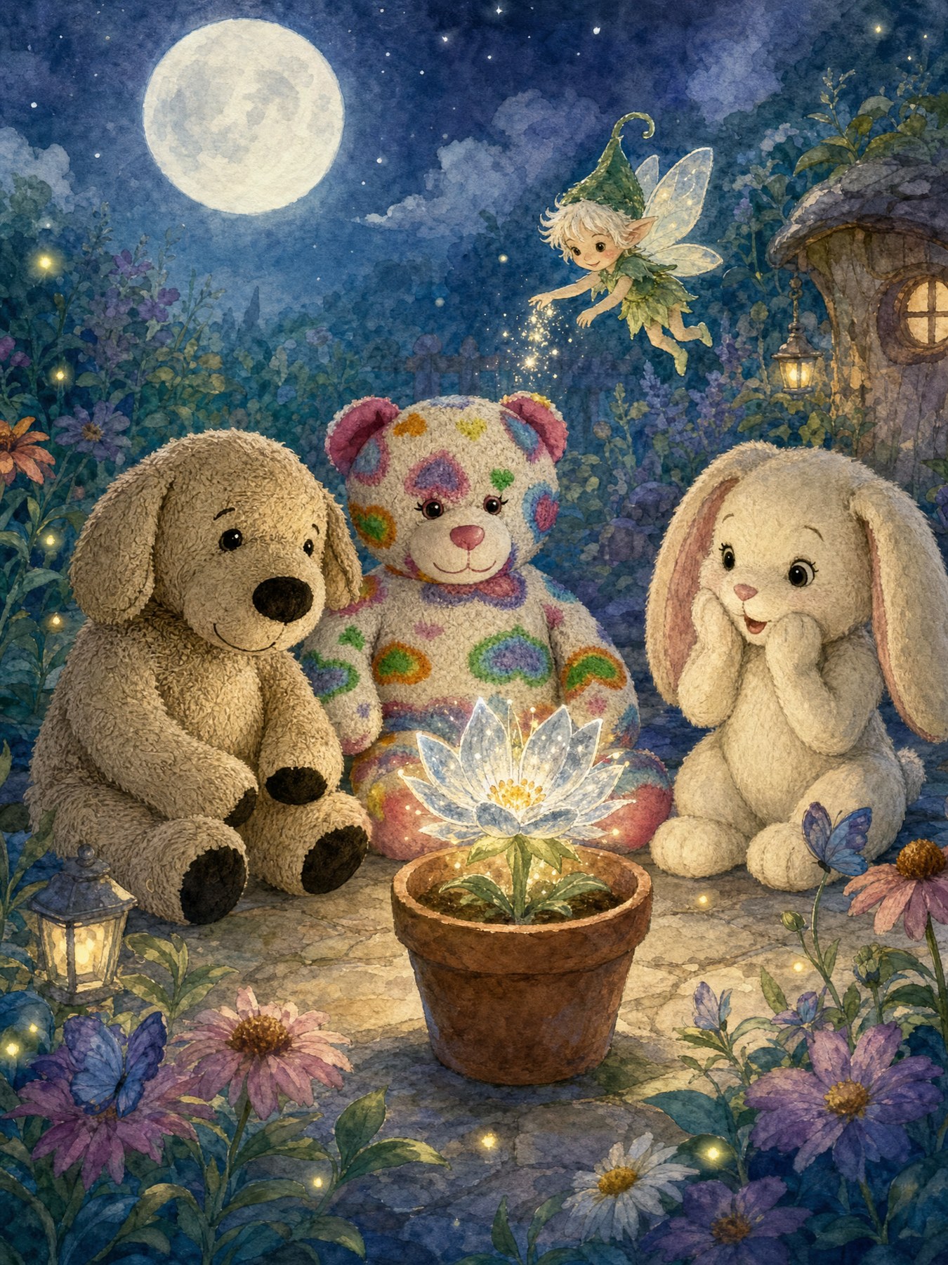 Under the moonlight the Moon Blossom opens, its petals sparkling like stars, while Daisy, Teddy, and Muddy Paws gather around in delight.