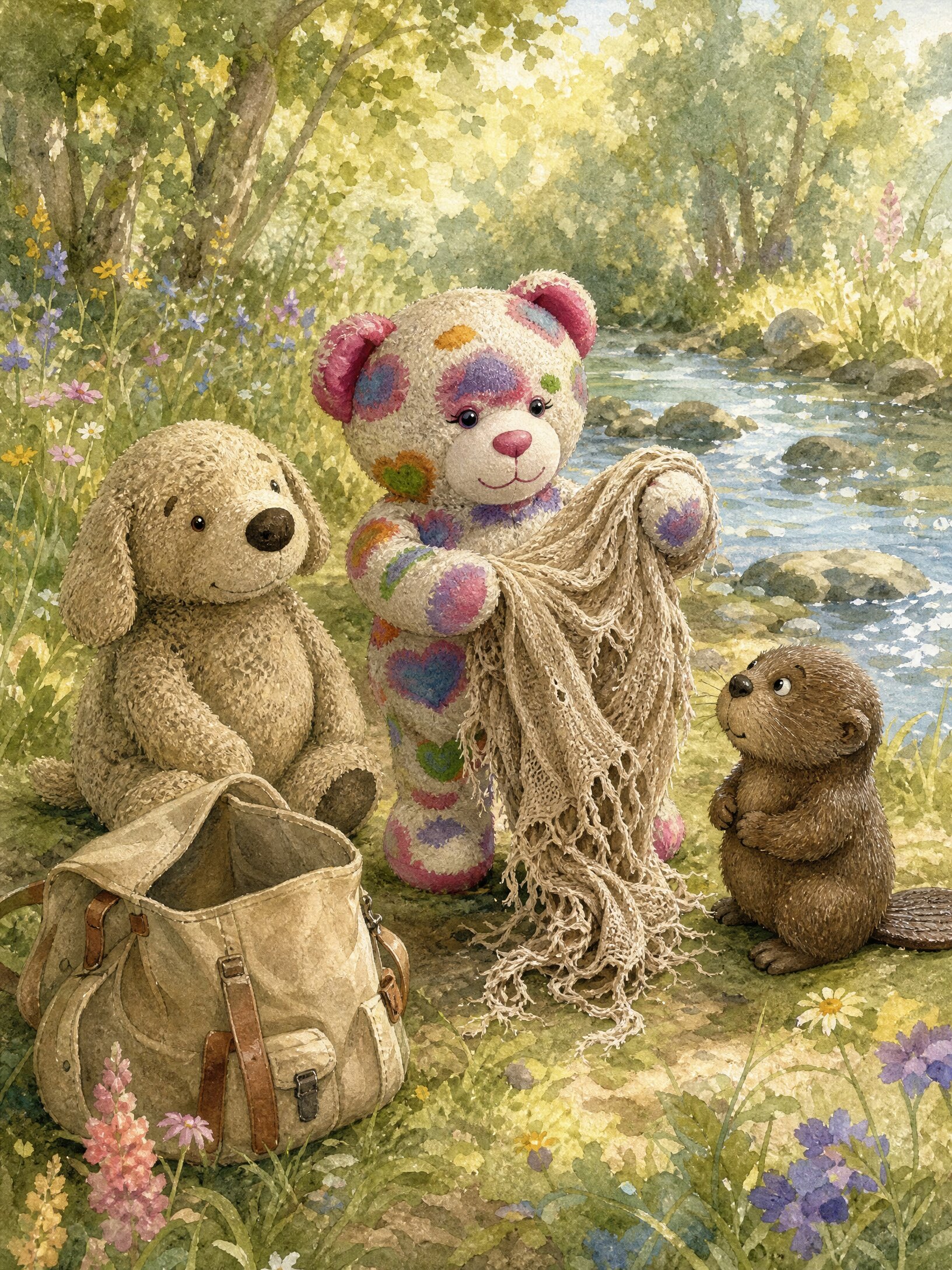 Teddy holds up the soft brown blanket, its edges worn and its corners gently frayed, while Muddy Paws and Bubbles the Beaver look on beside the open Adventure Pack.