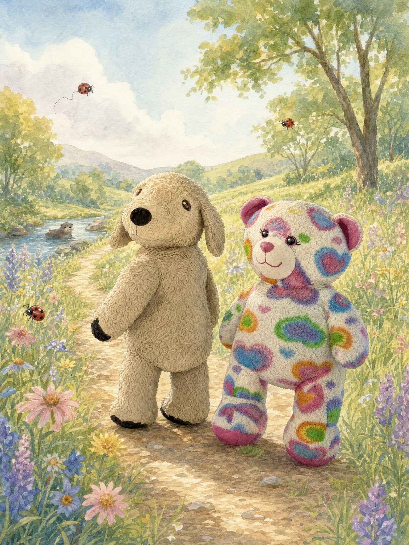 Teddy and Muddy Paws turn back along the meadow path, hurrying toward the stream to give Oliver a second chance at help.