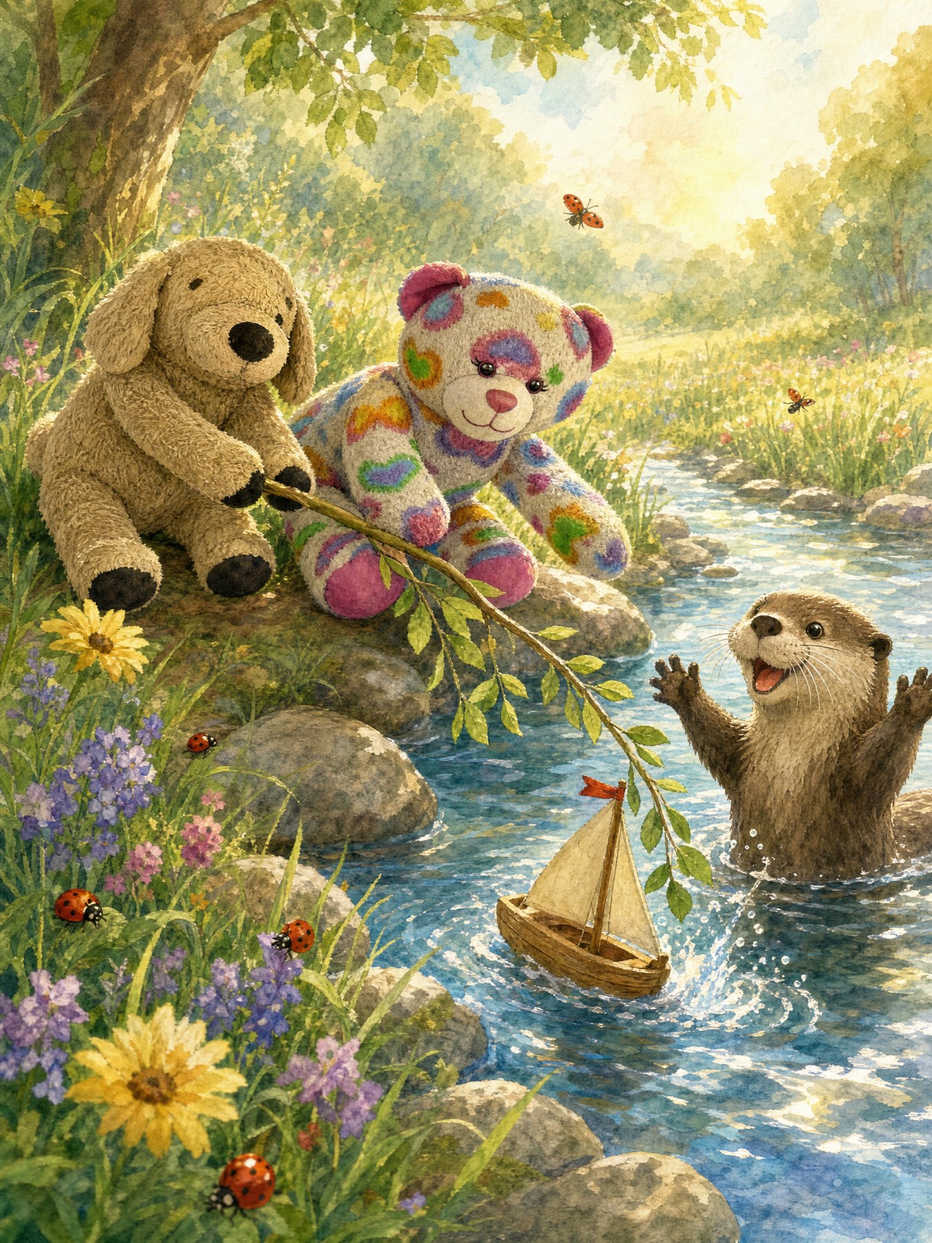 With a long branch, Teddy and Muddy Paws guide Oliver Otter's sailboat back to shore as his face lights up with joy.