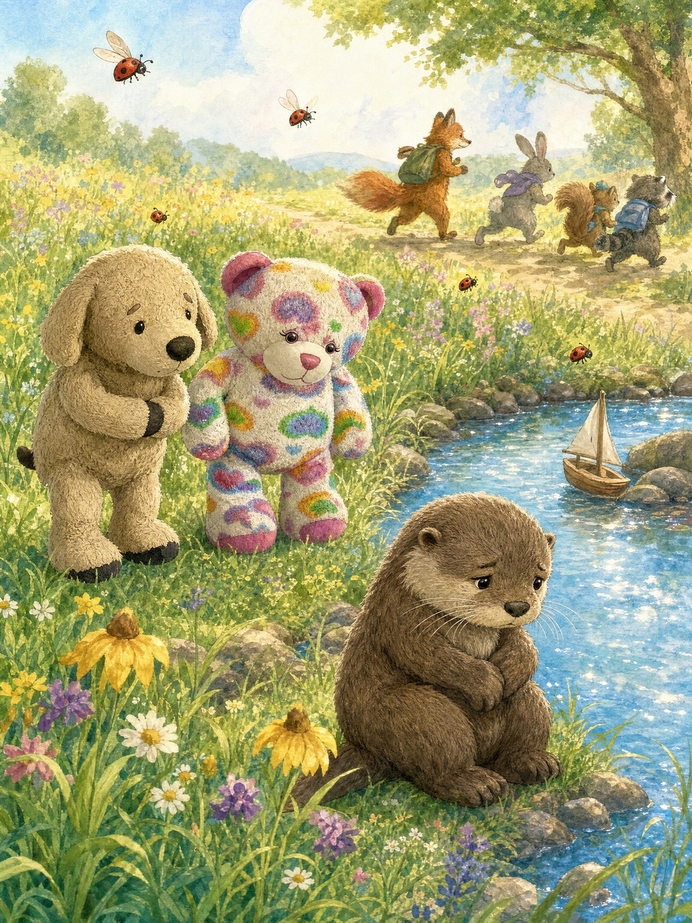 Teddy and Muddy Paws meet a sad Oliver Otter beside a sparkling stream in Kindness Meadow, his toy sailboat stranded on the far bank.