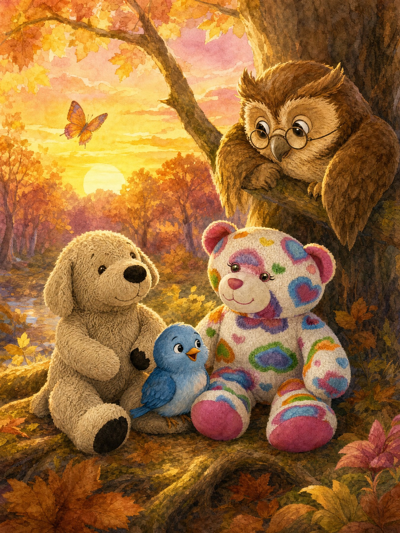 As the sun sets over Gratitude Grove, Penny Bluebird softens into a smile while Teddy and Muddy Paws sit beside her with Professor Hoot.