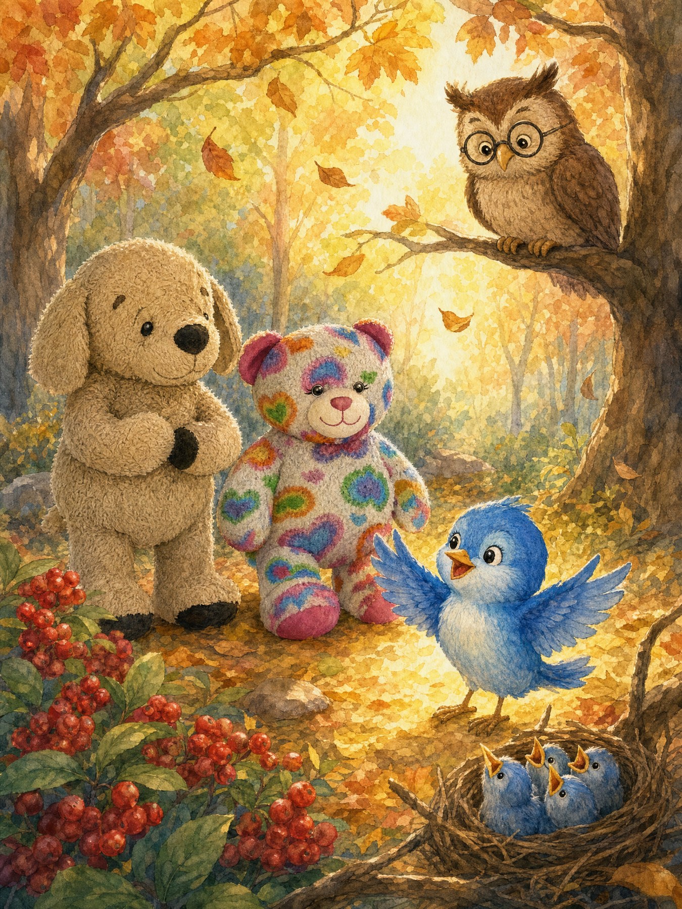 Penny Bluebird spreads her wings joyfully as the friends find sunshine, berries, and singing baby birds — three good things in Gratitude Grove.