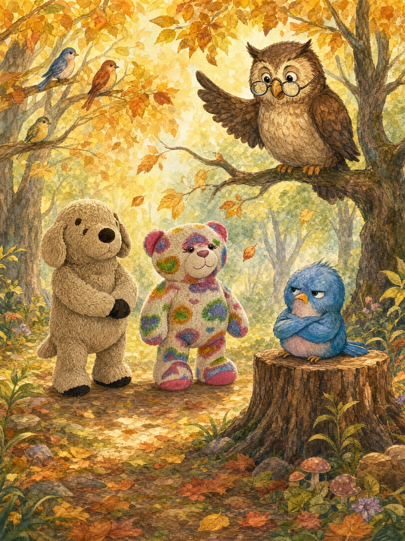 In the golden Gratitude Grove, Teddy and Muddy Paws find a grumpy Penny Bluebird on a stump as wise Professor Hoot the owl lands nearby.