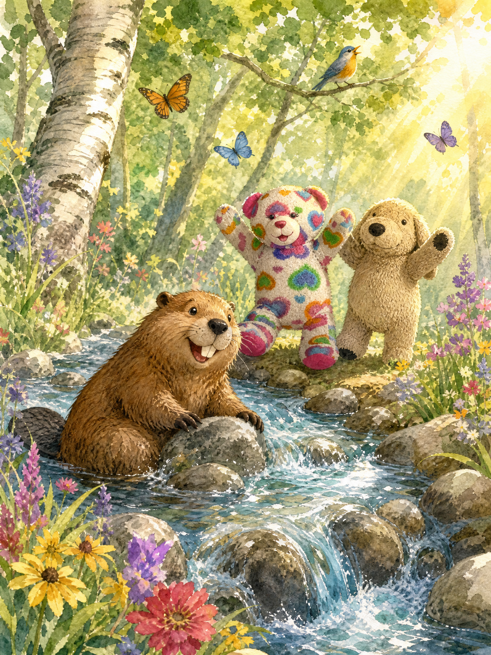 Birch the beaver laughs in the freed, rushing stream while Teddy and Muddy Paws cheer with their arms raised, butterflies and a singing bluebird all around them.