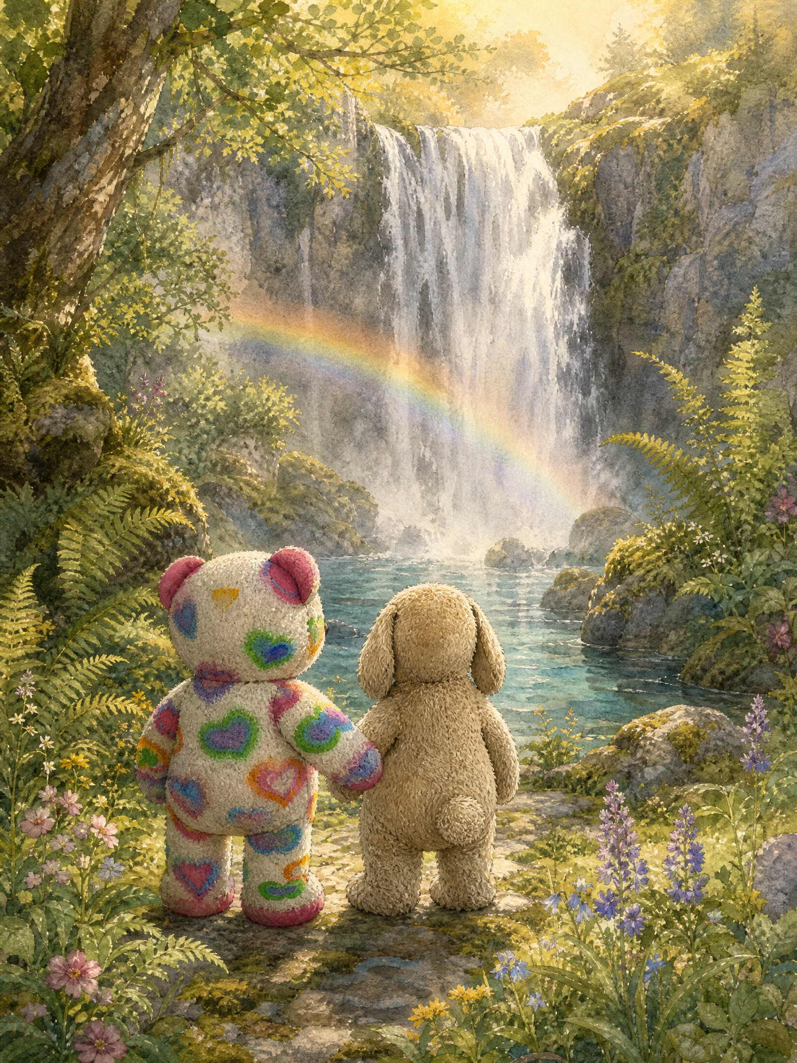 Teddy and Muddy Paws stand hand in hand at the edge of a clear blue pool, looking up at a tall waterfall with a rainbow arching through its mist.