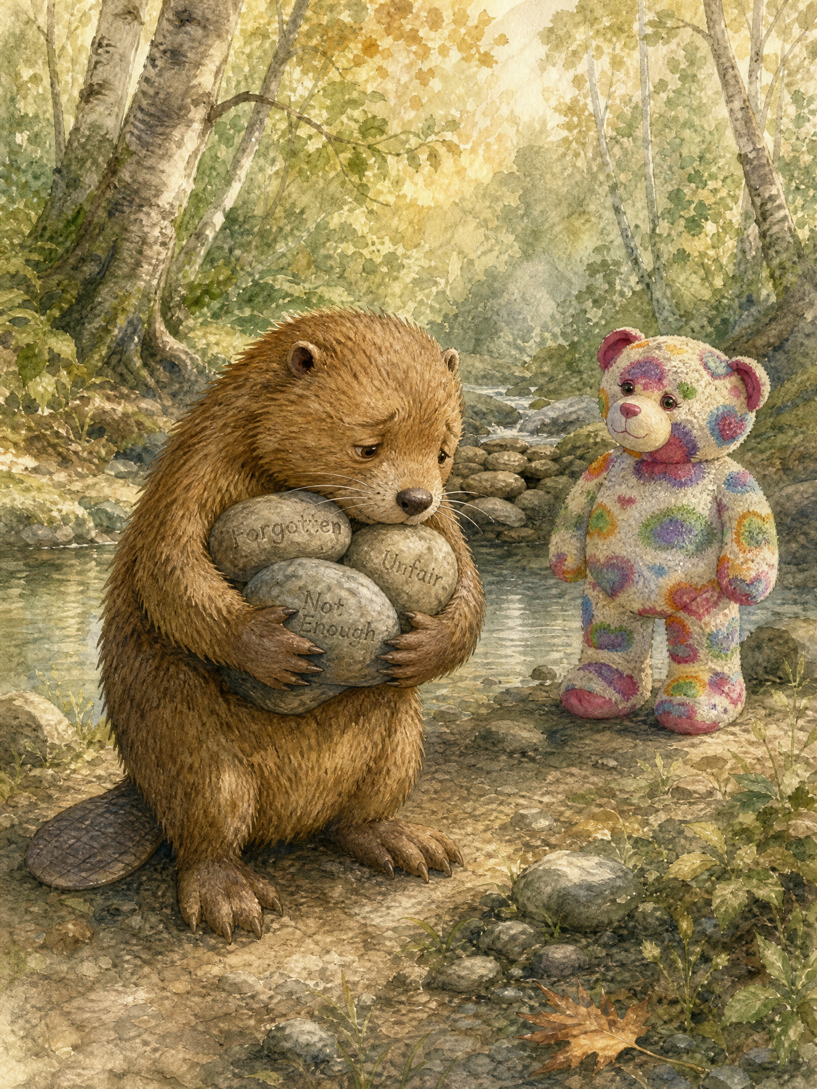 Birch the beaver hugs an armful of heavy rocks carved with the words Forgotten, Unfair, and Not Enough, while Teddy watches him quietly from across the stream.