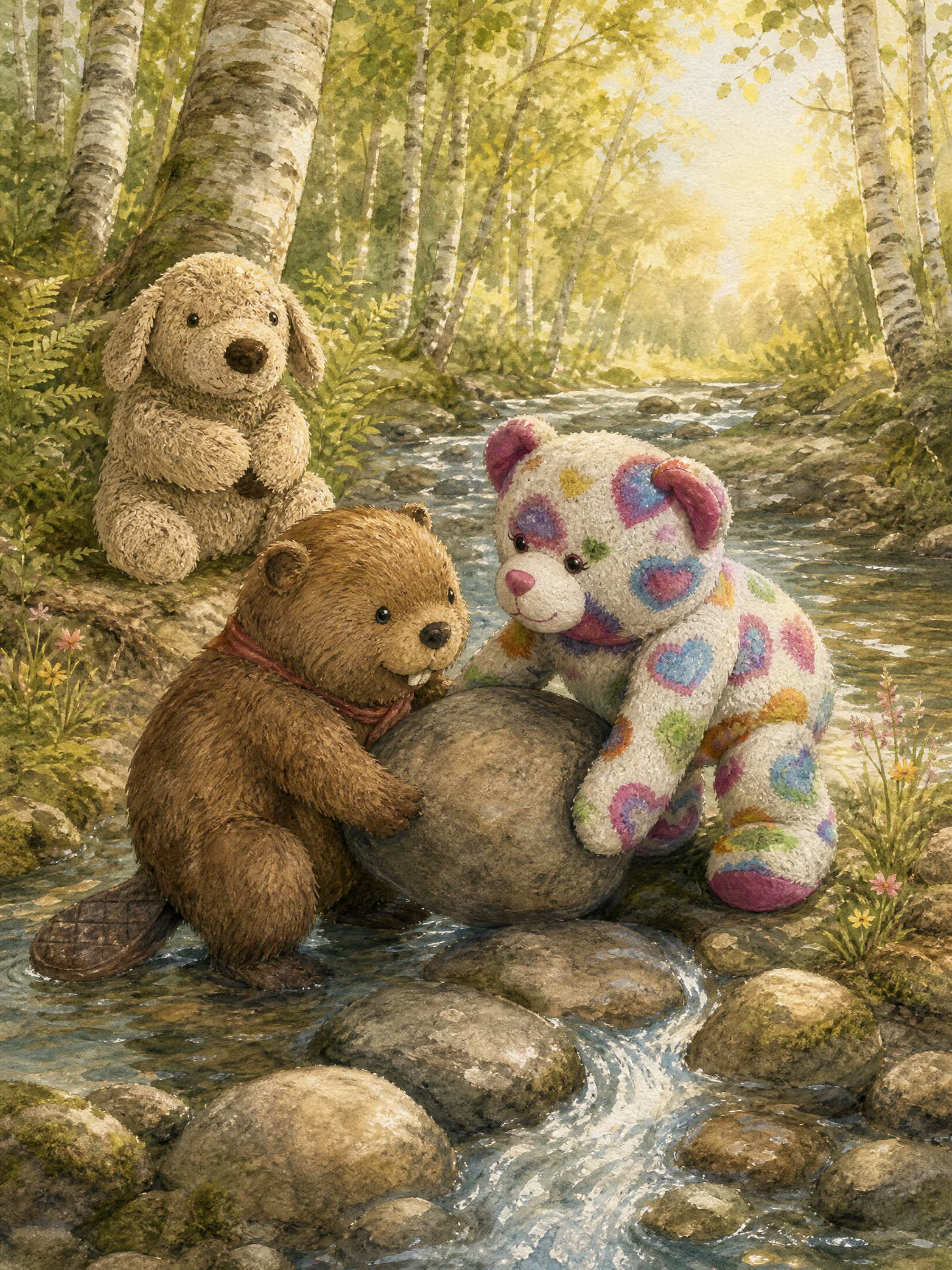 Birch the beaver and Teddy lift a heavy grey rock out of the stream together while Muddy Paws watches from the mossy bank.