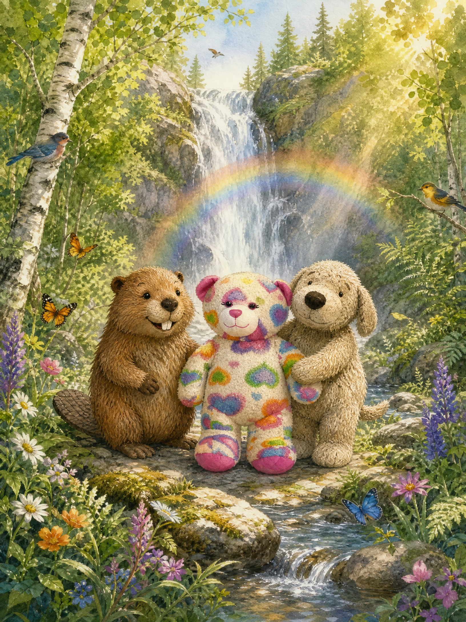 Birch, Teddy, and Muddy Paws stand arm in arm before the freed waterfall as a bright rainbow shines through its mist.