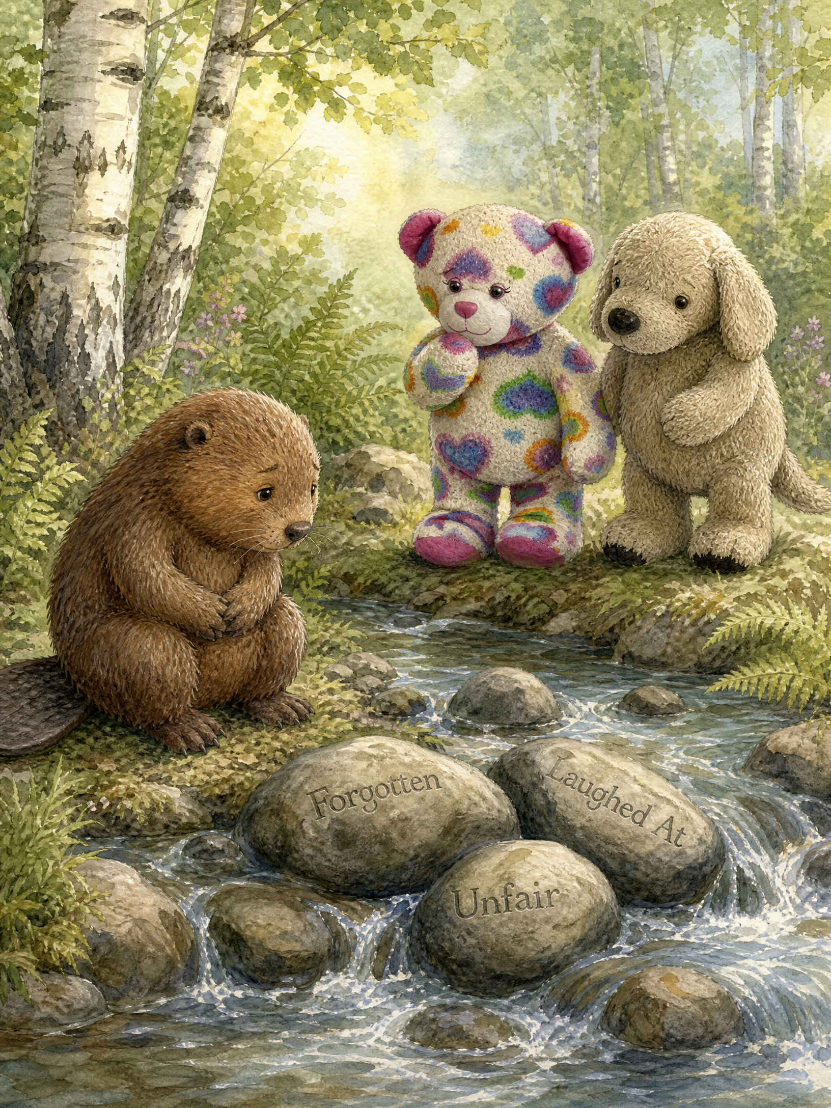 Birch the beaver sits with his head down beside the blocked stream while Teddy and Muddy Paws read the words carved into the piled-up rocks: Forgotten, Laughed At, Unfair.