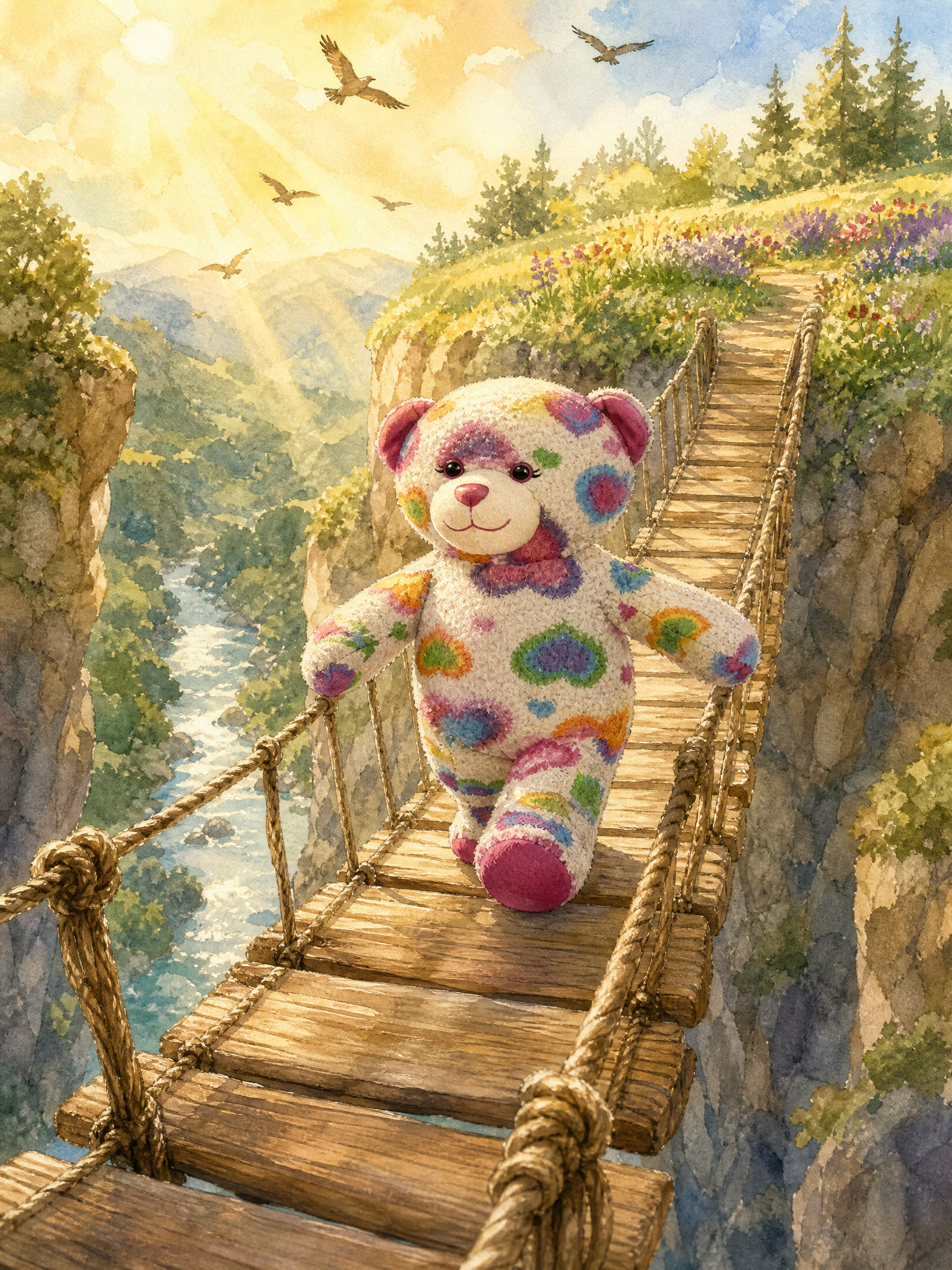 Teddy walks steadily along the middle of the rope bridge, sunlight breaking over the canyon and a wildflower path waiting on the far side.