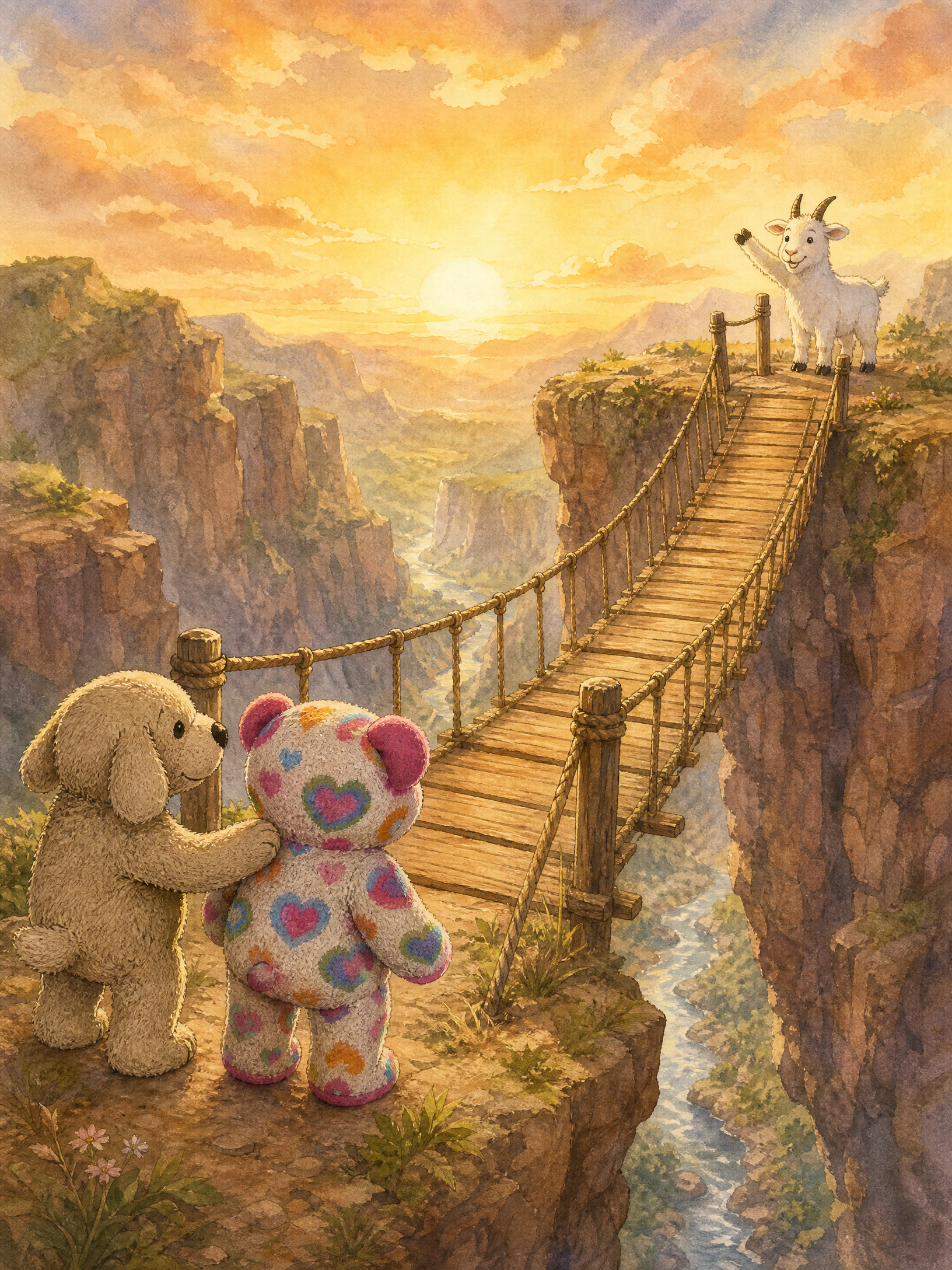 At golden sunset, Teddy and Muddy Paws stand at the edge of a deep canyon while Piper the mountain goat waves to them from the far end of a long rope bridge.