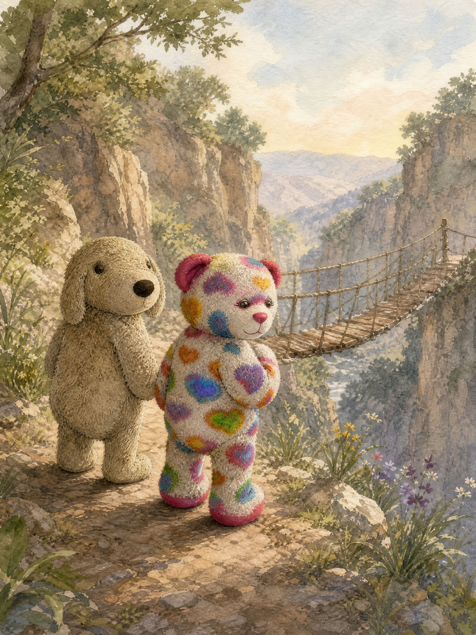 Teddy and Muddy Paws stand together on the shady canyon path with their backs to the rope bridge, which hangs quietly in the distance behind them.
