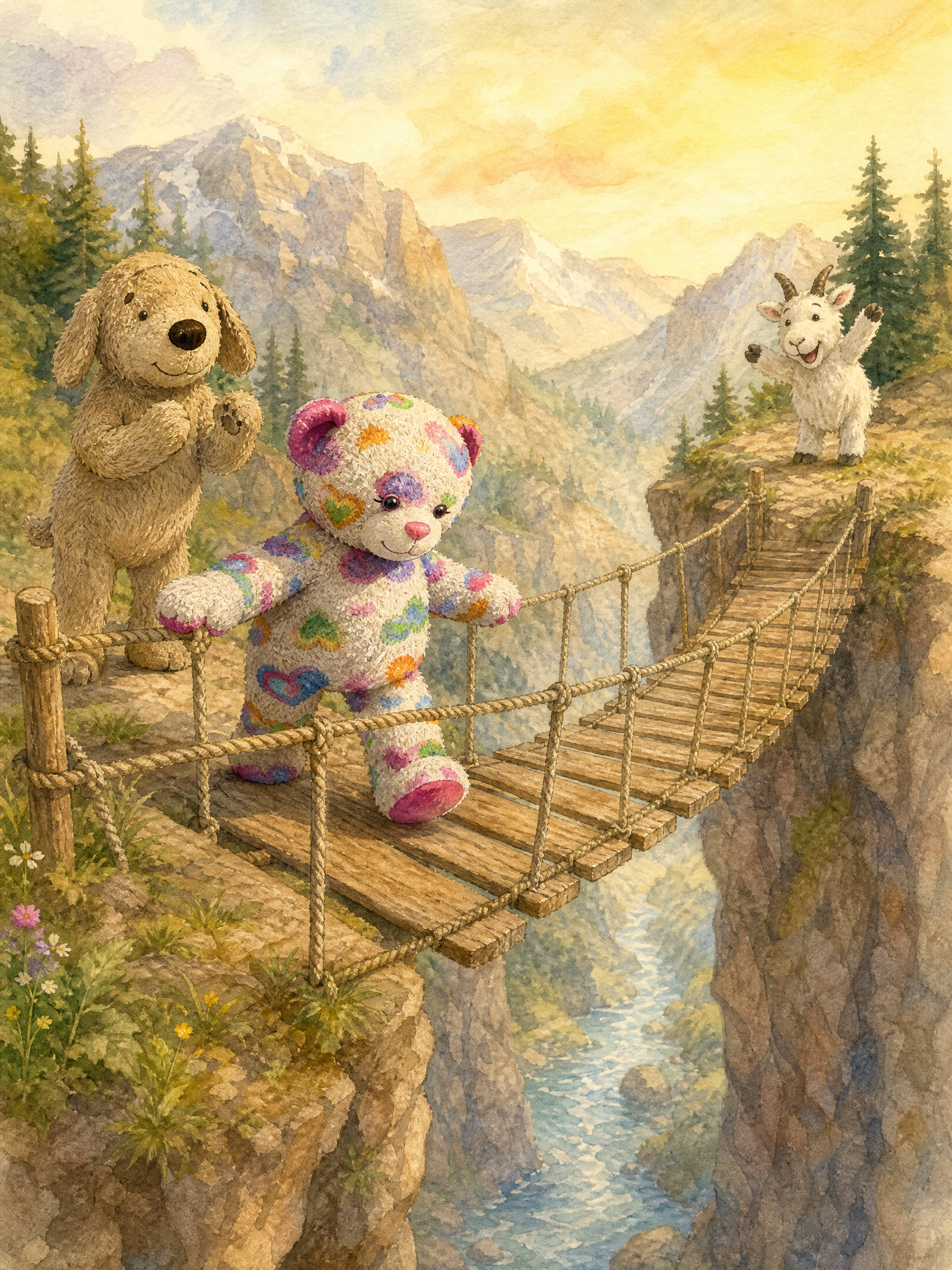 Teddy places his first careful step onto the wooden planks of the rope bridge while Muddy Paws cheers behind him and Piper waves from the far cliff.