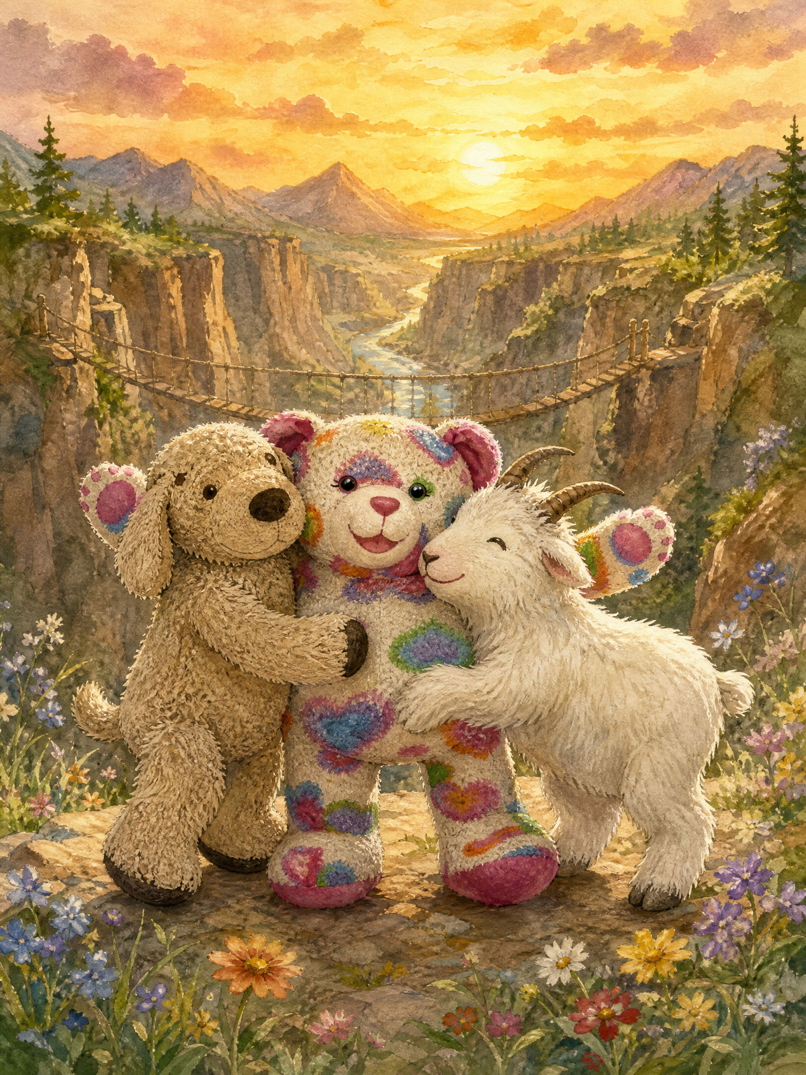 Muddy Paws and Piper the mountain goat hug a beaming Teddy on the far side of the canyon as the sun sets behind the rope bridge.