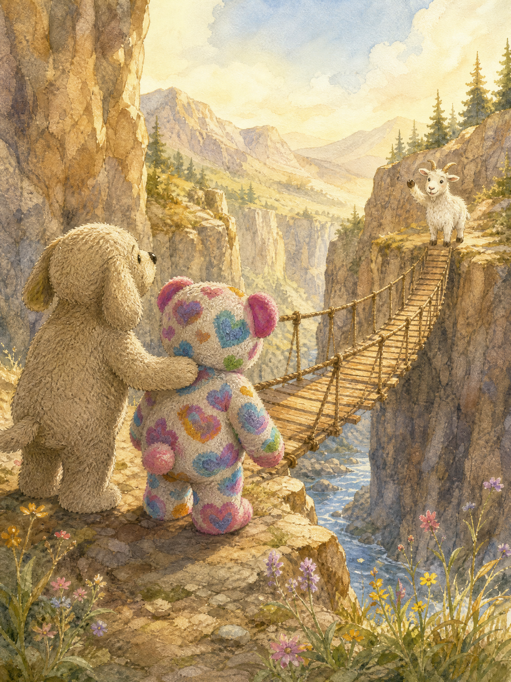 Muddy Paws rests a gentle paw on Teddy's back as they look across the swaying rope bridge at Piper the mountain goat, who waves encouragingly from the opposite cliff.
